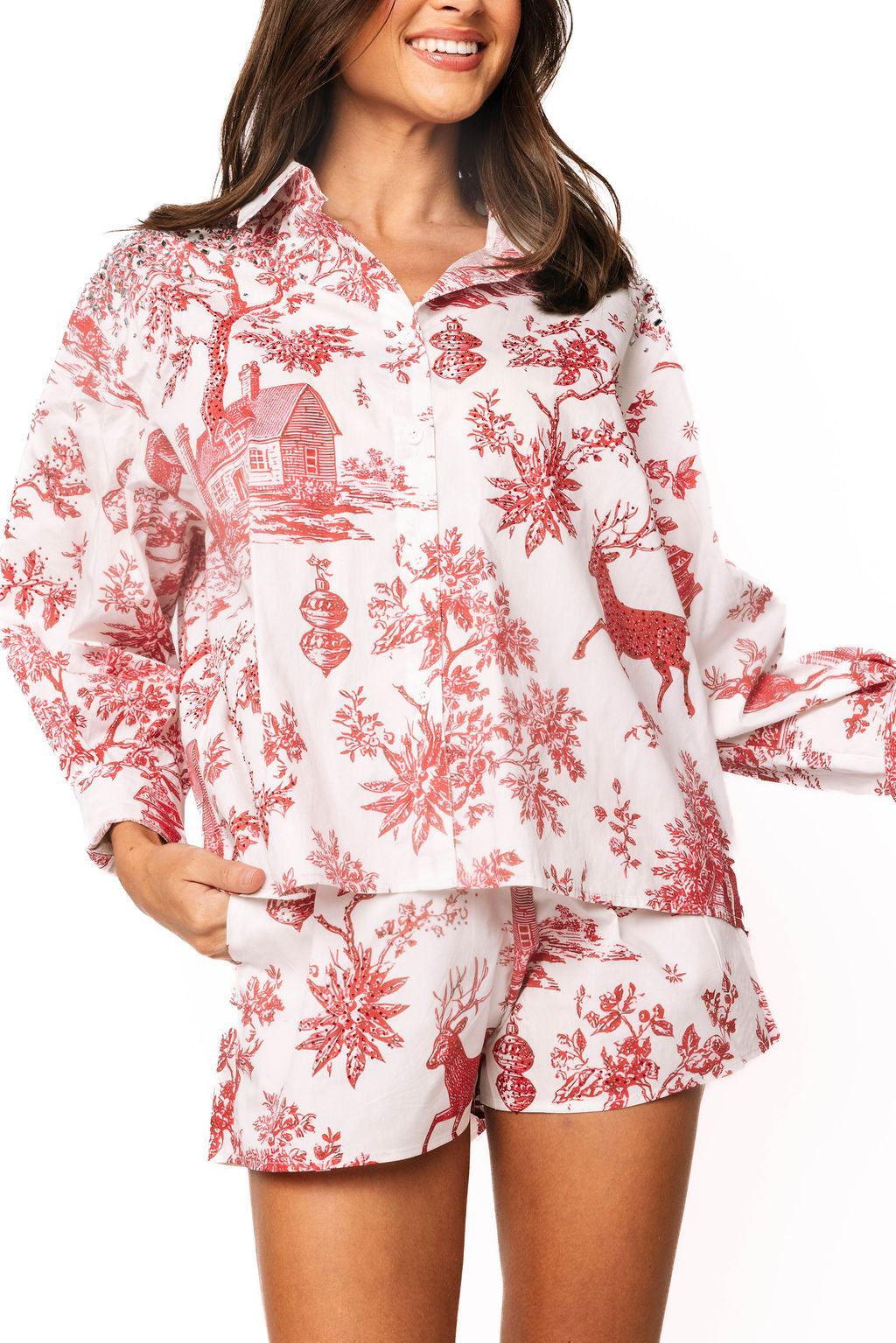 Queen of Sparkles Red & White Christmas Twall Cotton Button Up