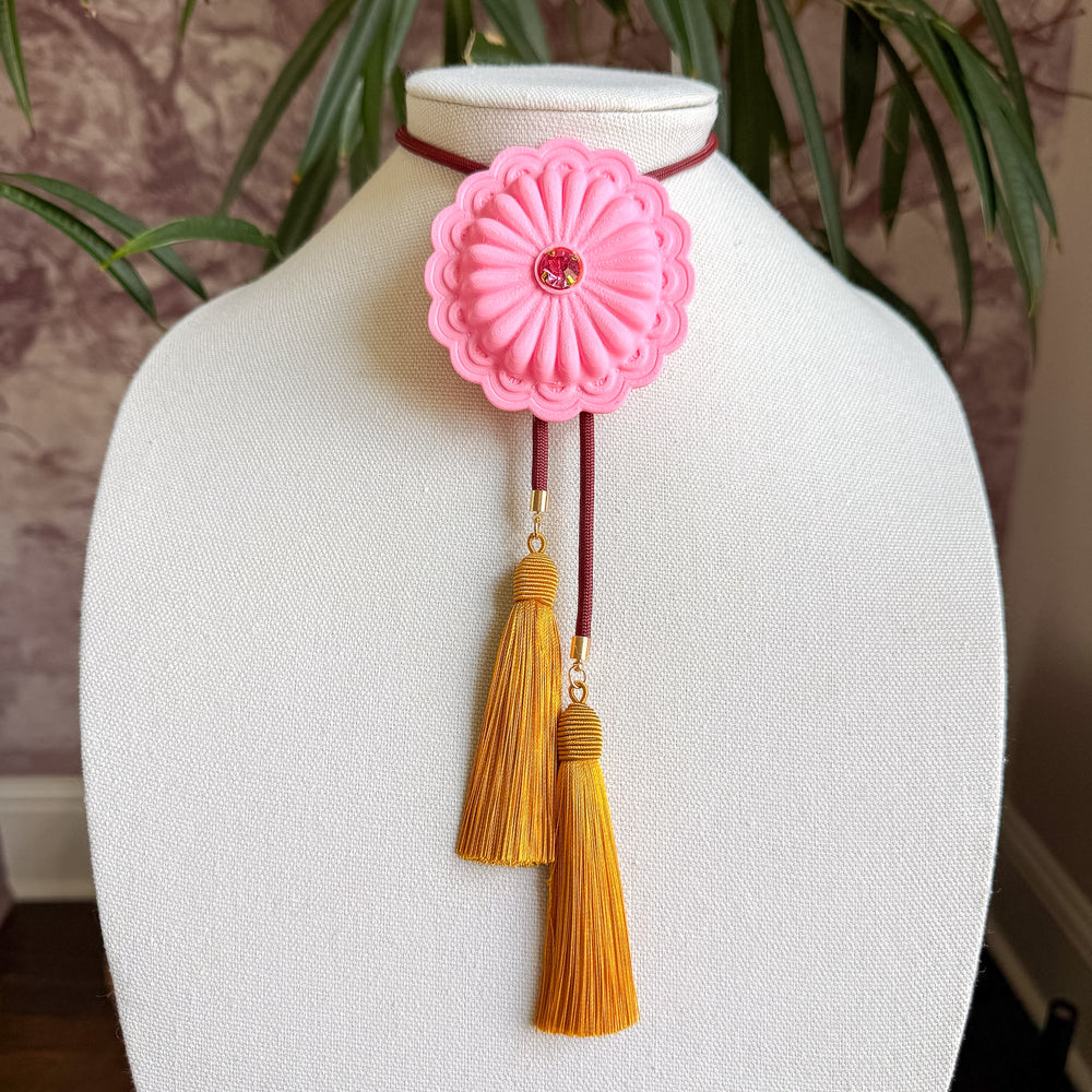 Concho Bolo Bubblegum Pink with Maroon & Golden Yellow by Rahya Jewelry Design - Leopard Grove product image 01