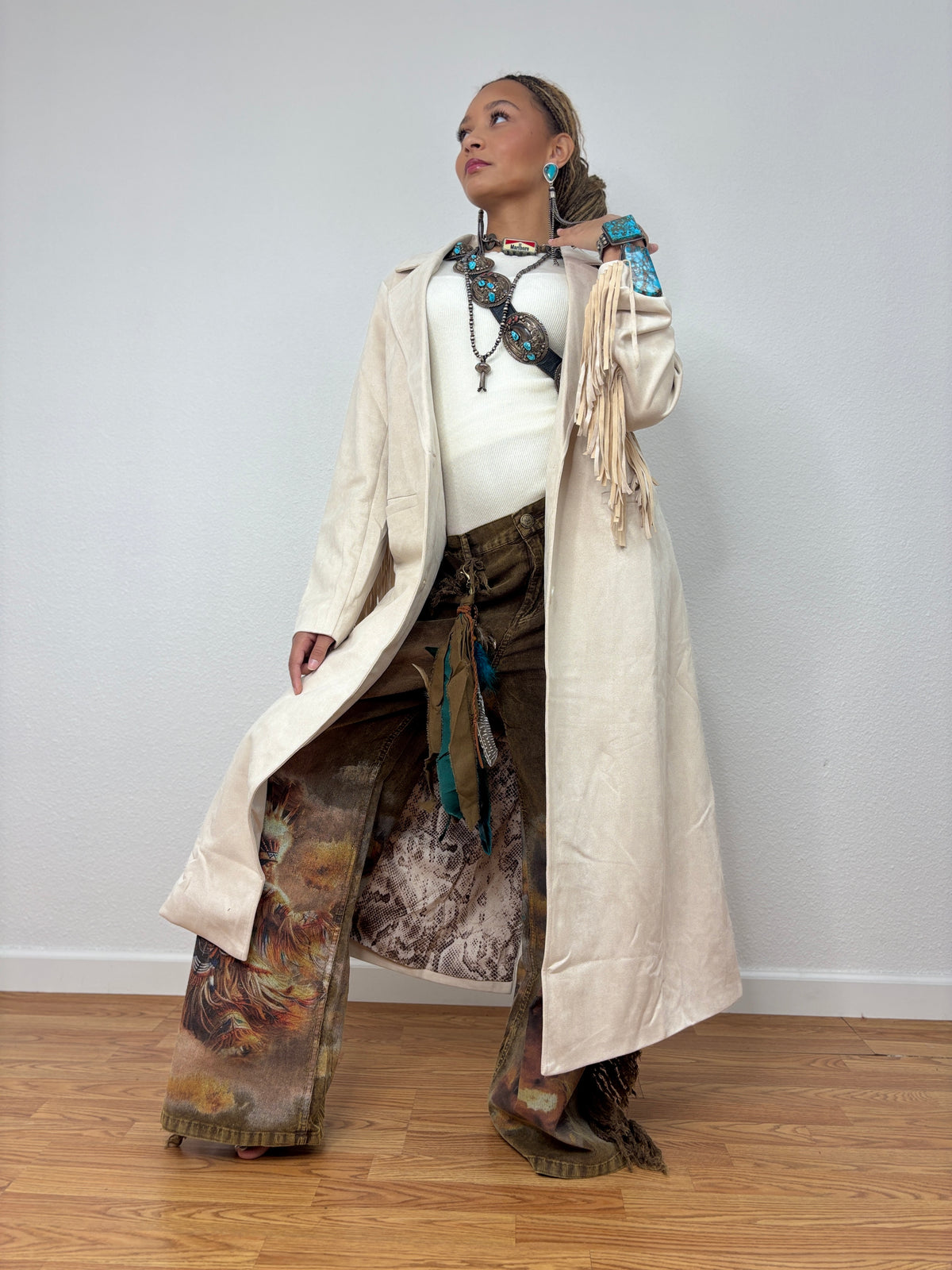 Cream Fringe Long Coat by Skies Are Blue - western fringe coat product image 01