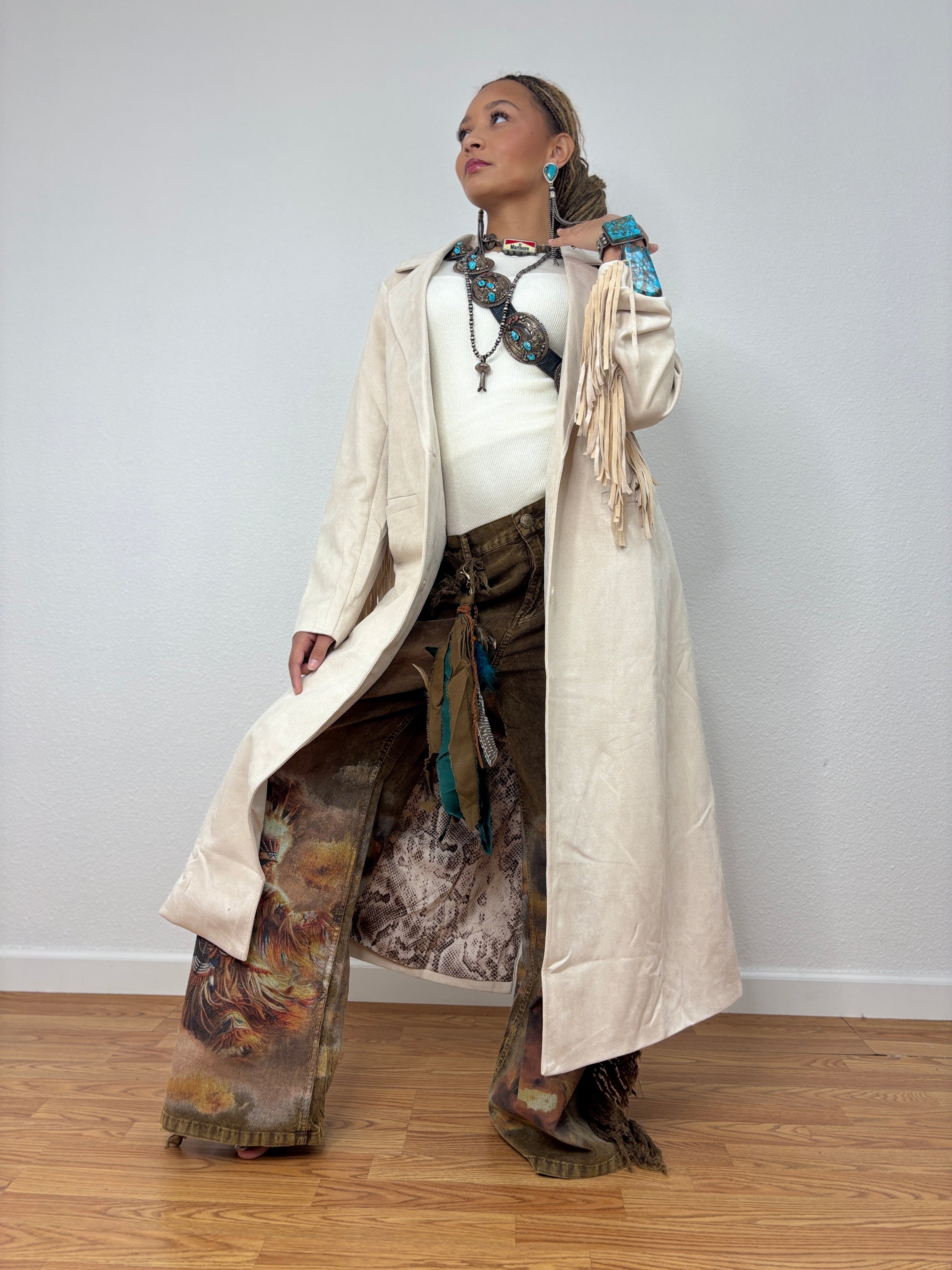 Cream Fringe Long Coat by Skies Are Blue - western fringe coat product image 01