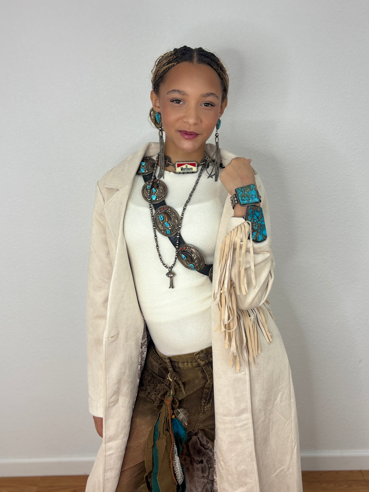 Cream Fringe Long Coat by Skies Are Blue - western fringe coat product image 02