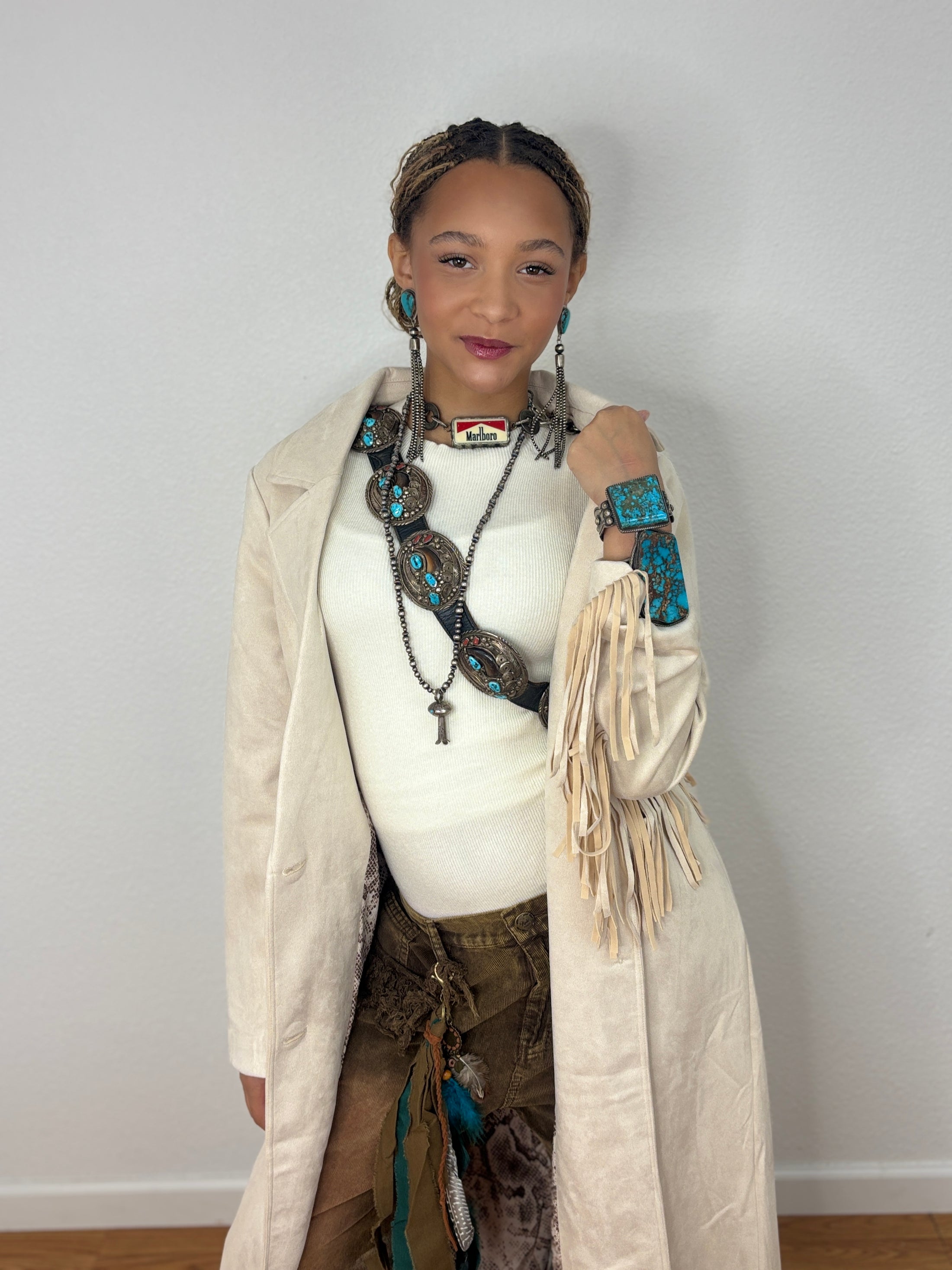 Cream Fringe Long Coat by Skies Are Blue - western fringe coat product image 02