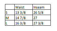 Davi & Dani pants size chart showing waist and inseam measurements for sizes S, M, and L.