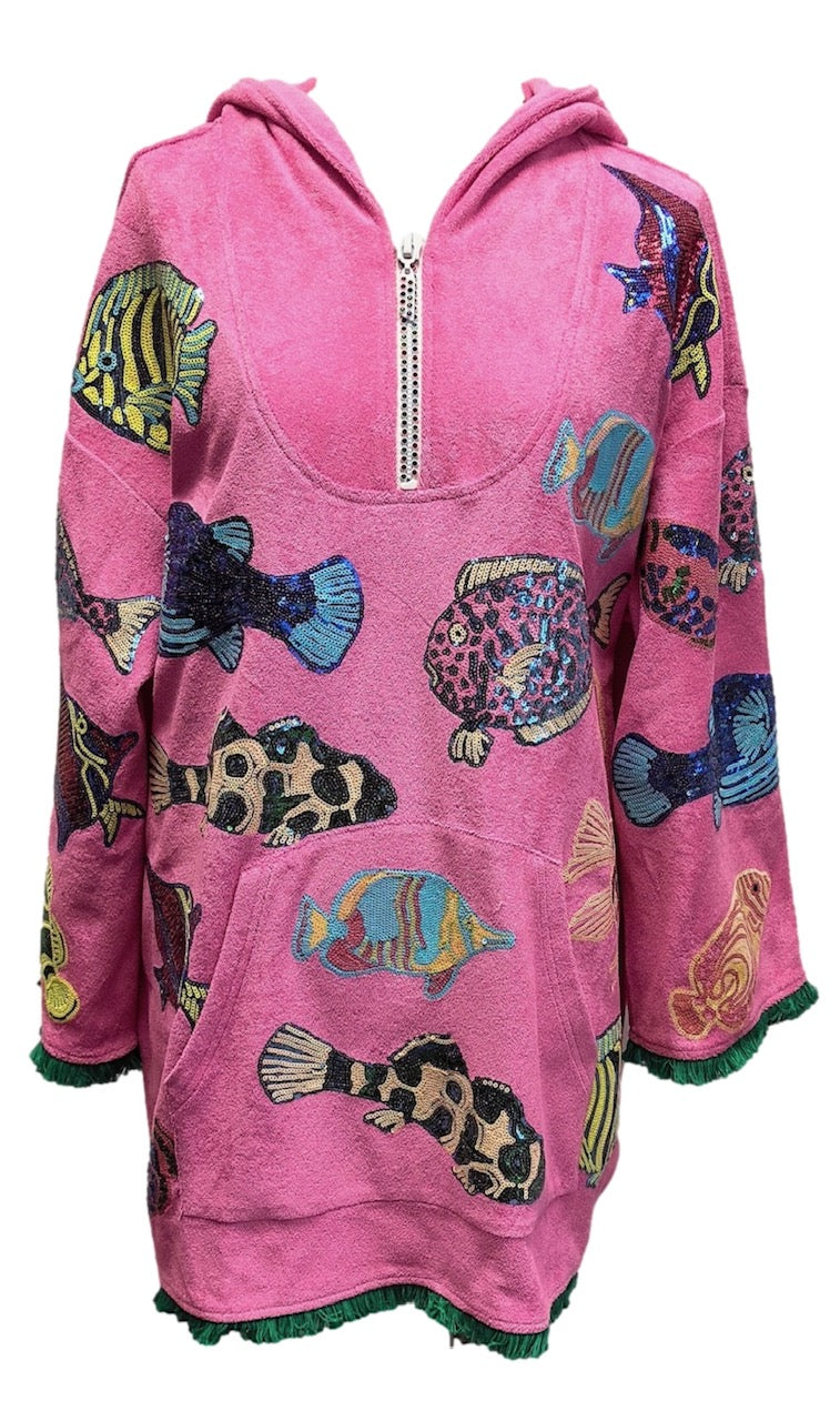 Pink Multi Fish Hoody Terry Cloth Coverup