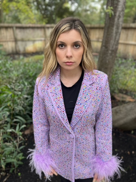 Queen of Sparkles Lavender Rhinestone Feather Blazer