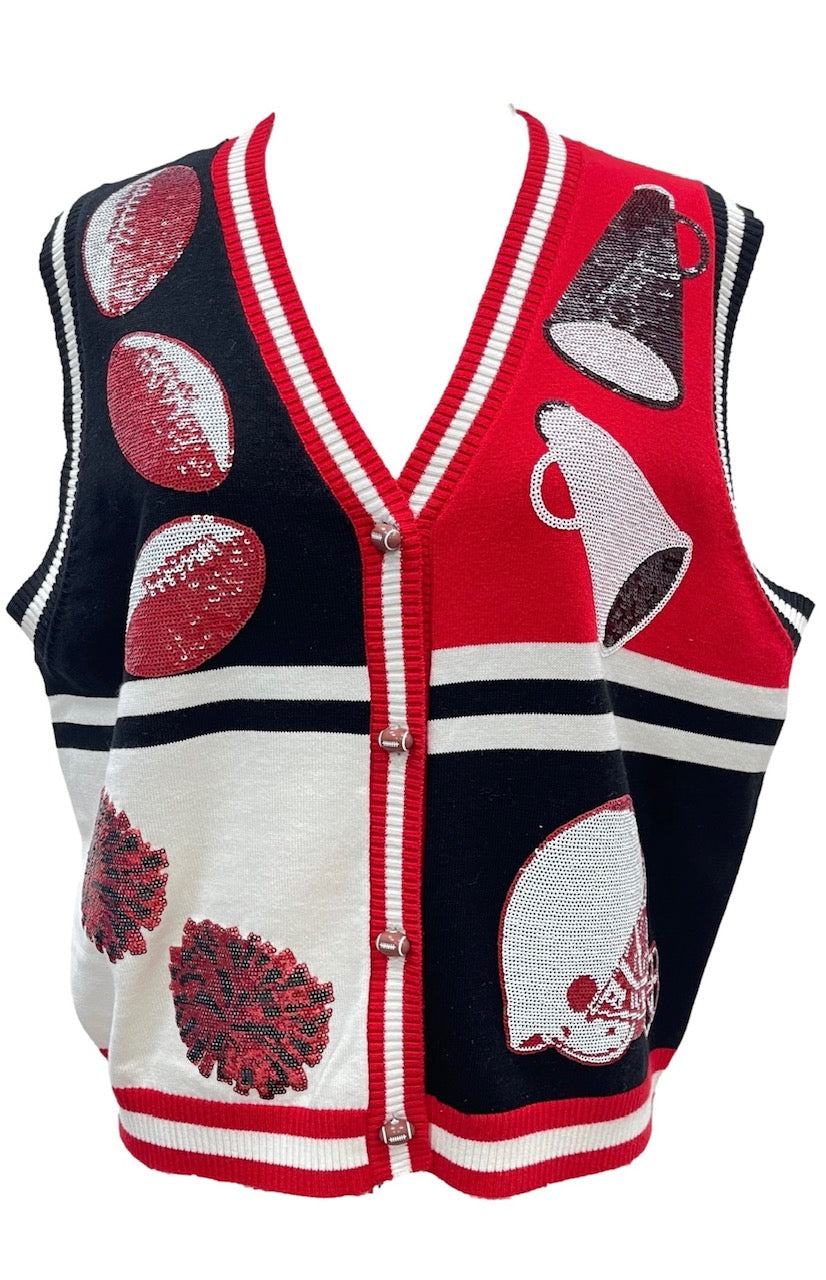 Queen of Sparkles Black & Red Colorblock Football Icon Button Up Sweater Vest — product photo.