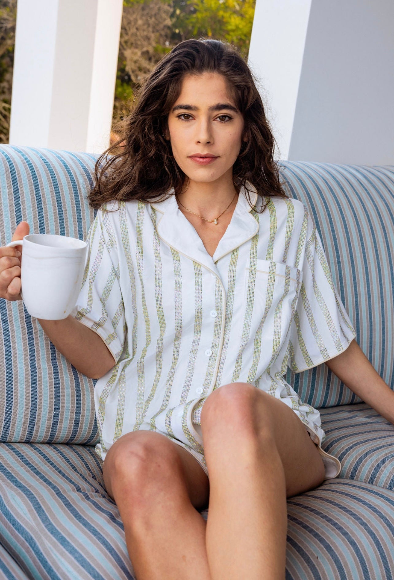Queen of Sparkles White Rhinestone Stripe Pajamas Set