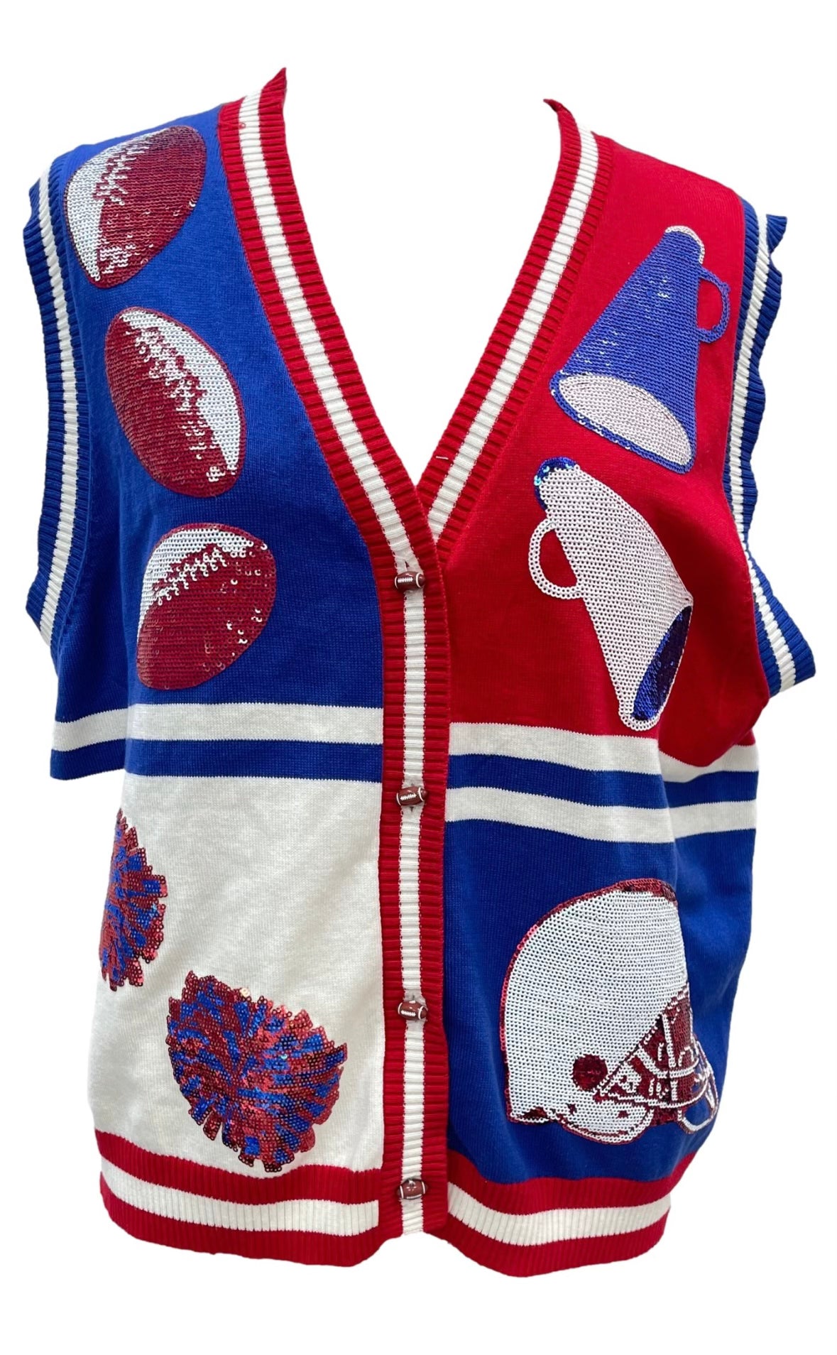 Queen of Sparkes Royal & Red Colorblock Football Icon Button Up Sweater Vest by Queen of Sparkles