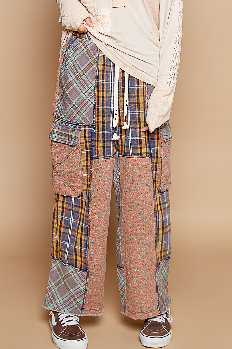 Mixed Plaid Wide-Leg Pants