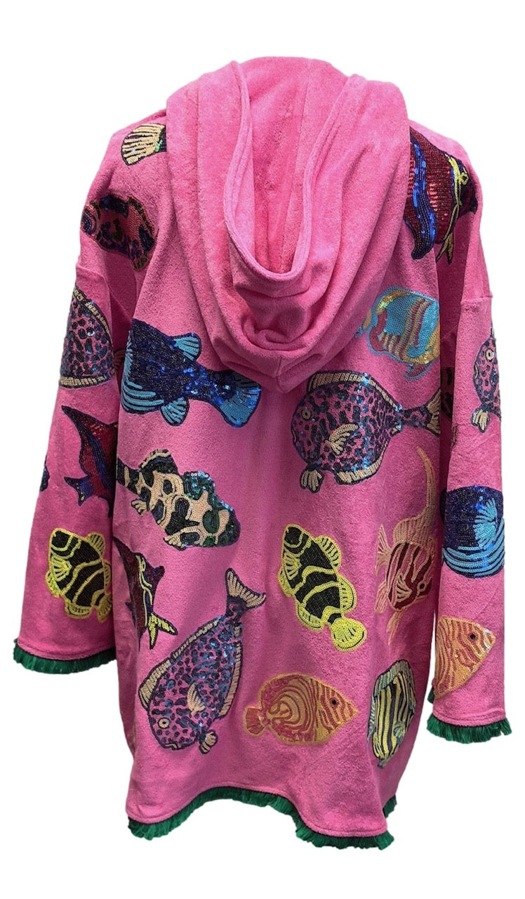 Pink Multi Fish Hoody Terry Cloth Coverup