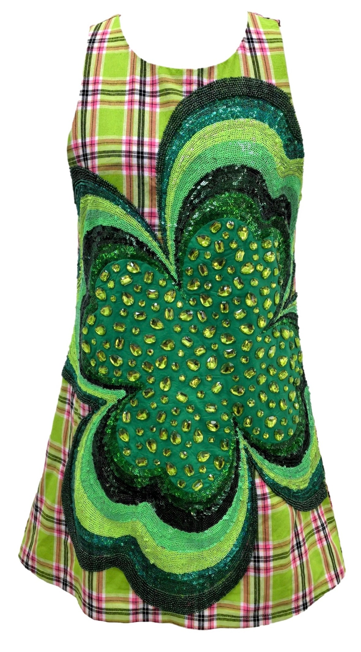 Queen of Sparkles Green Plaid Rhinestone 4 Leaf Clover Shamrock Cotton Tank Dress