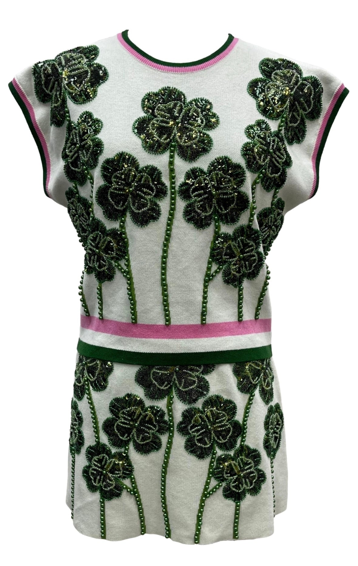 Queen of Sparkles White, Green & Pink Stripe Trim Beaded Shamrock Top