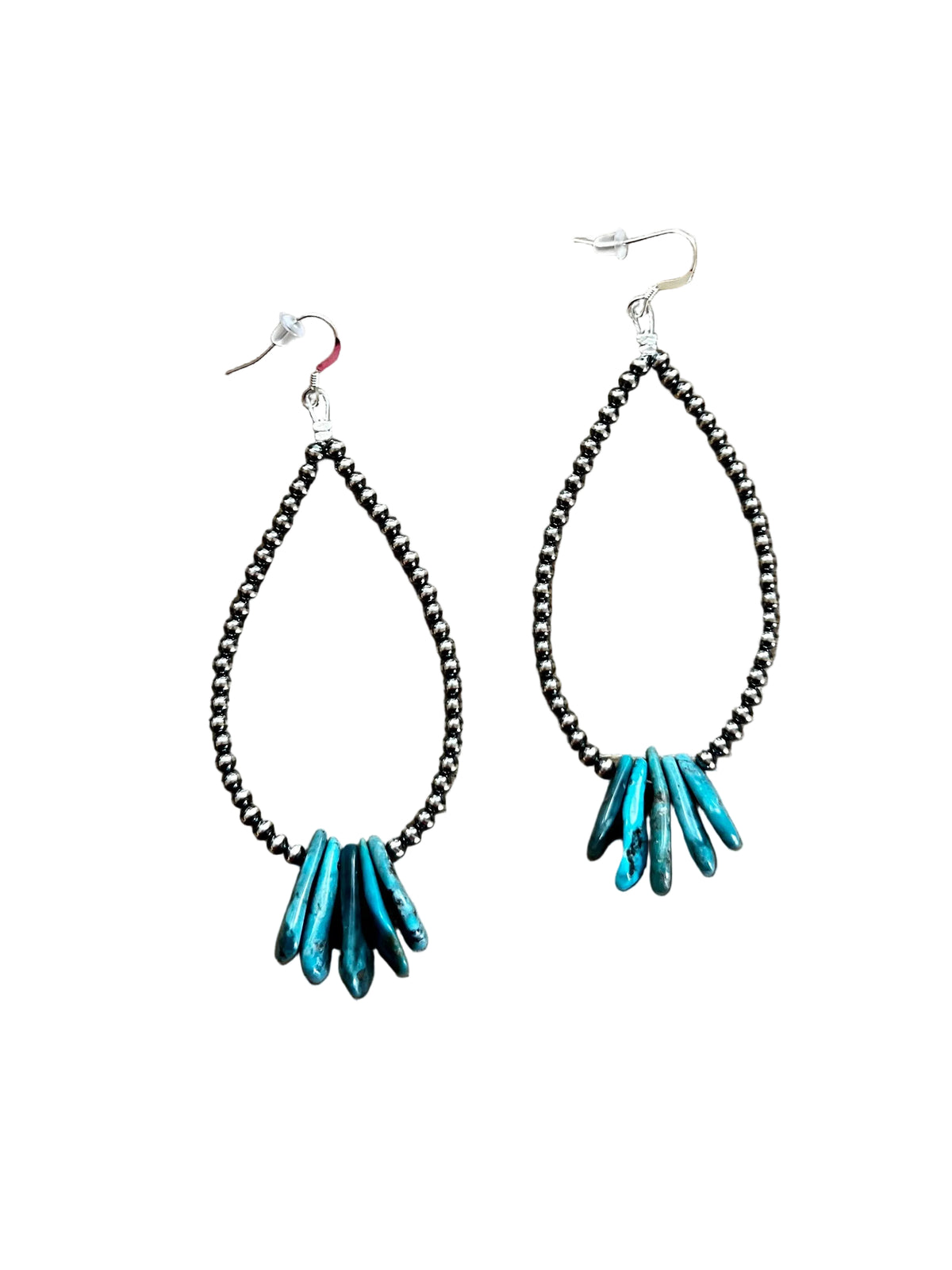 Long teardrop earrings Sterling silver pearls and teardrop turquoise — product photo.