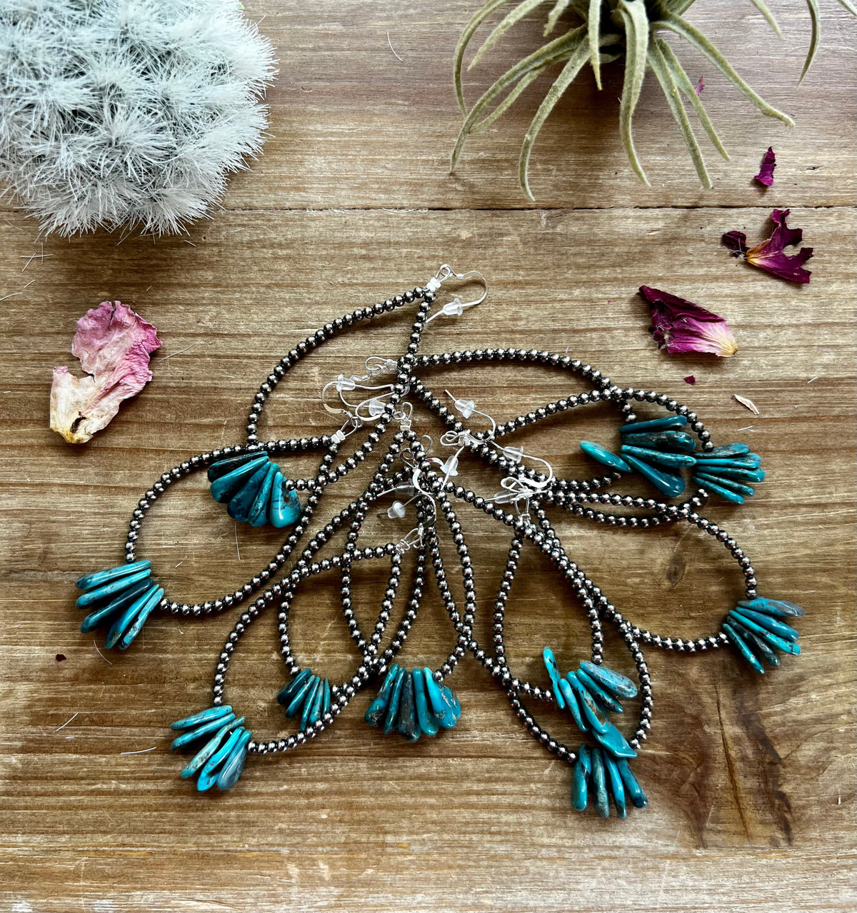 Long teardrop earrings Sterling silver pearls and teardrop turquoise — product photo.