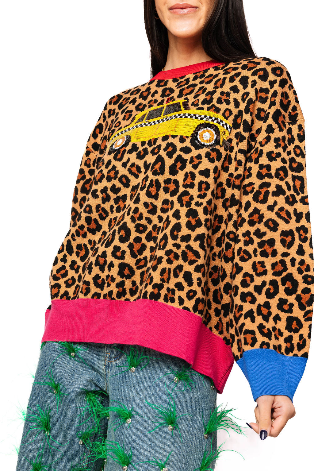 Queen of Sparkles Leopard Colorblock Trim Taxi Cab Sweater
