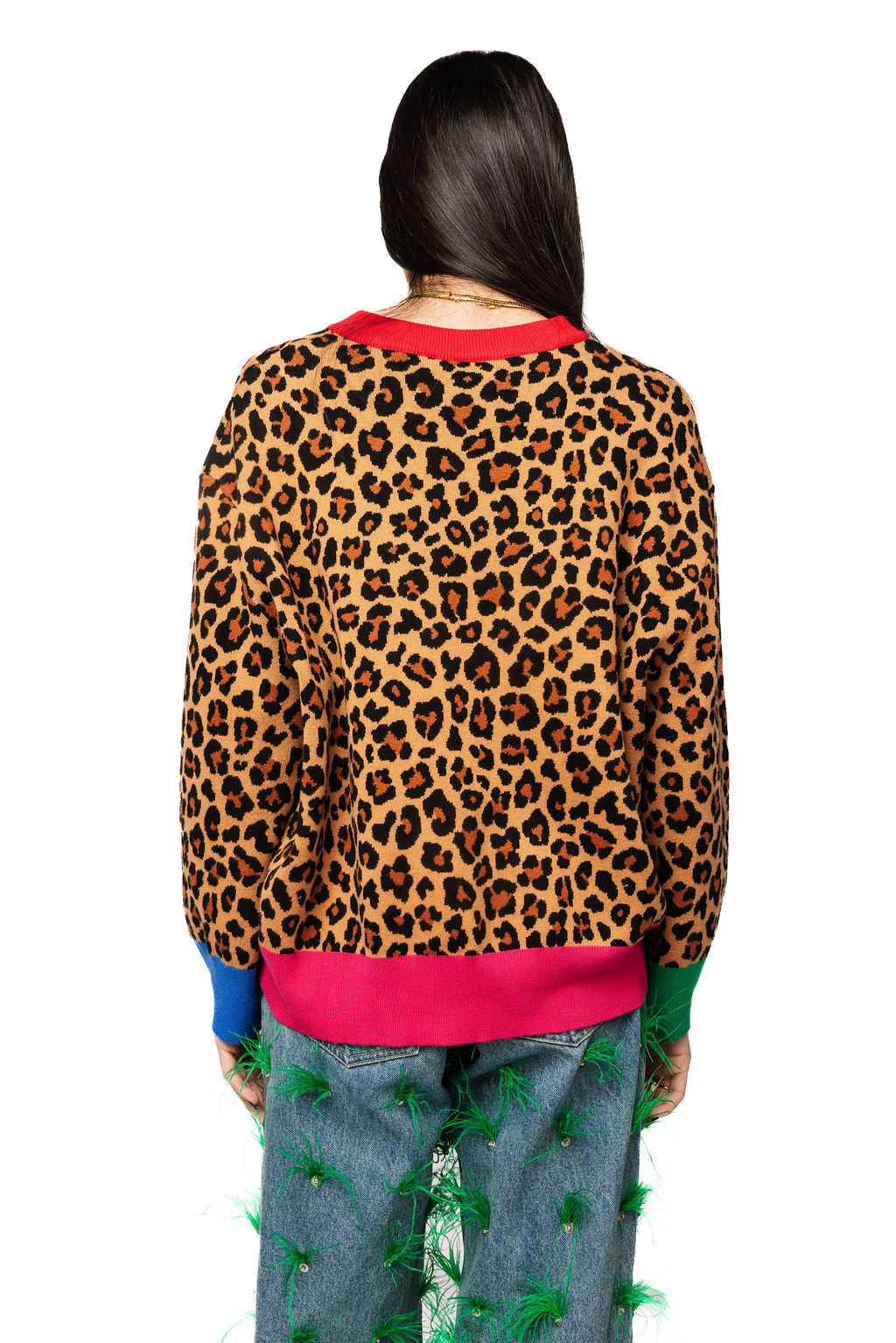 Queen of Sparkles Leopard Colorblock Trim Taxi Cab Sweater