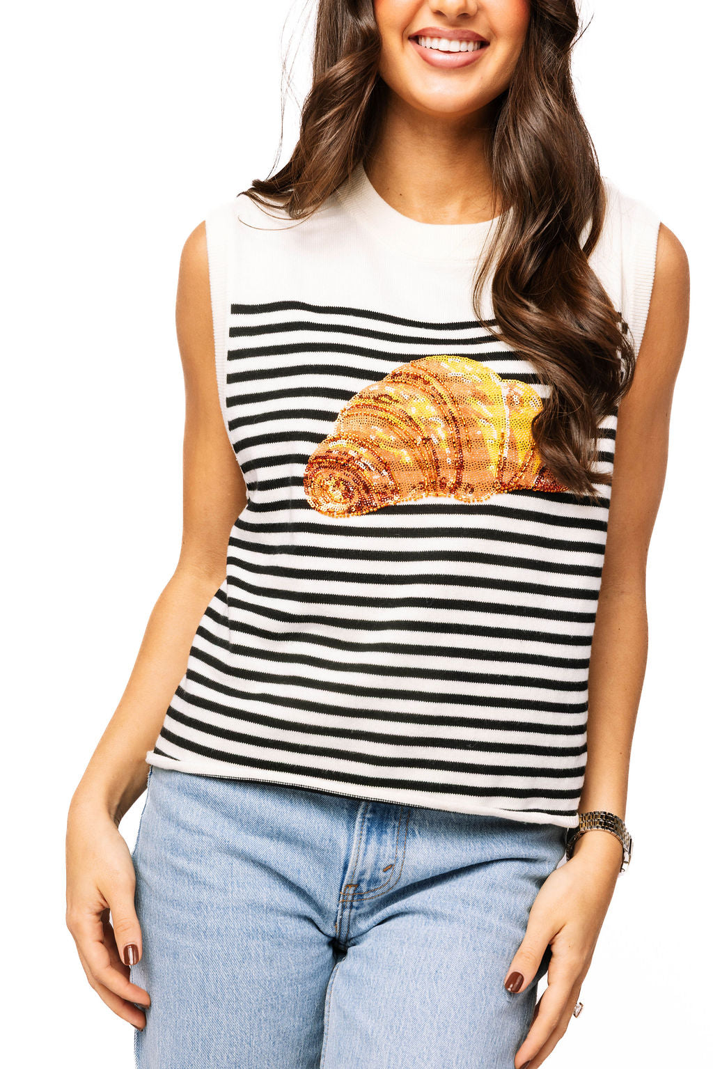 Queen of Sparkles Beige & Black Striped Croissant Knit Vest