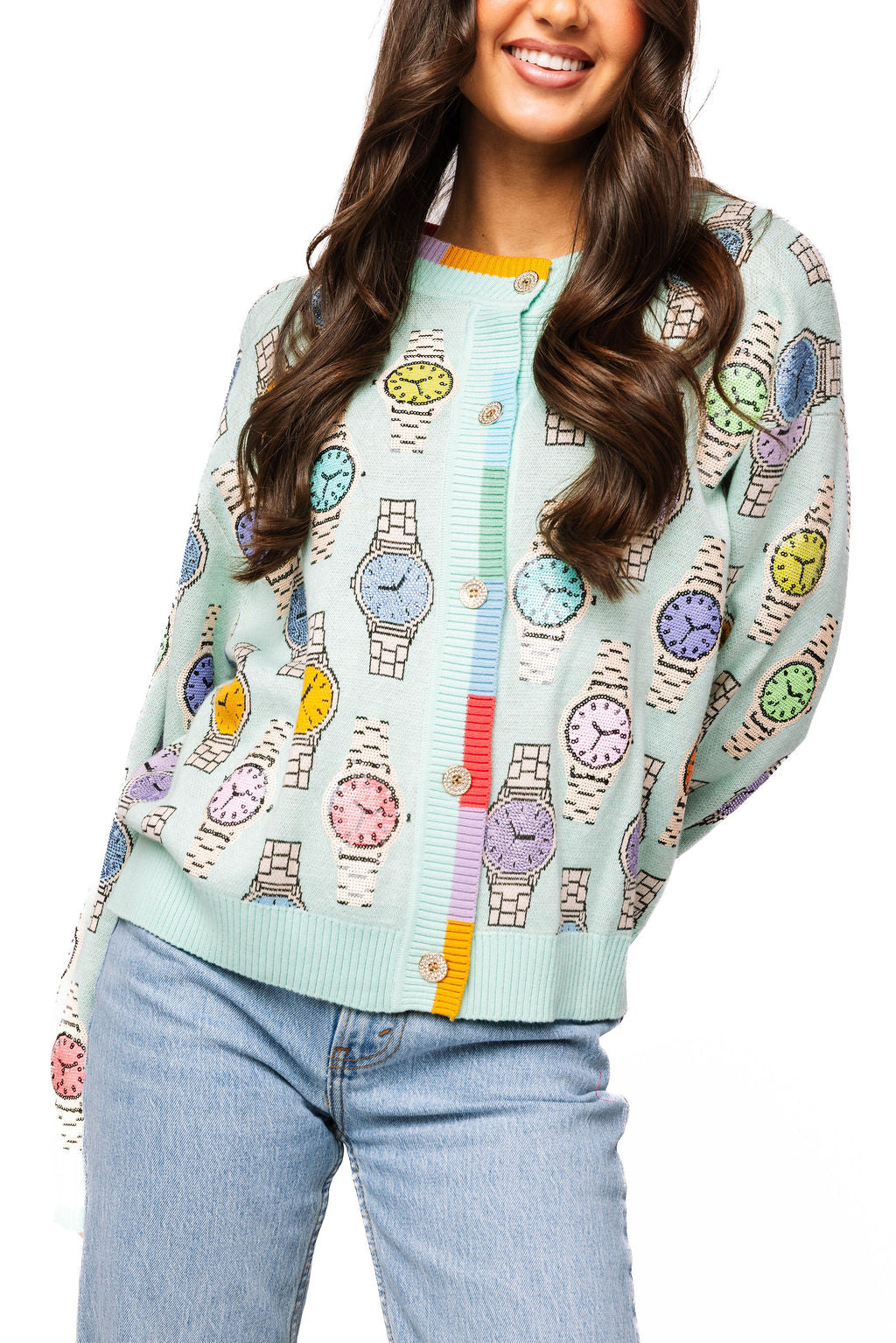 Queen of Sparkles Aqua Colorbloack Trim Multi Watch Button Up Cardigan