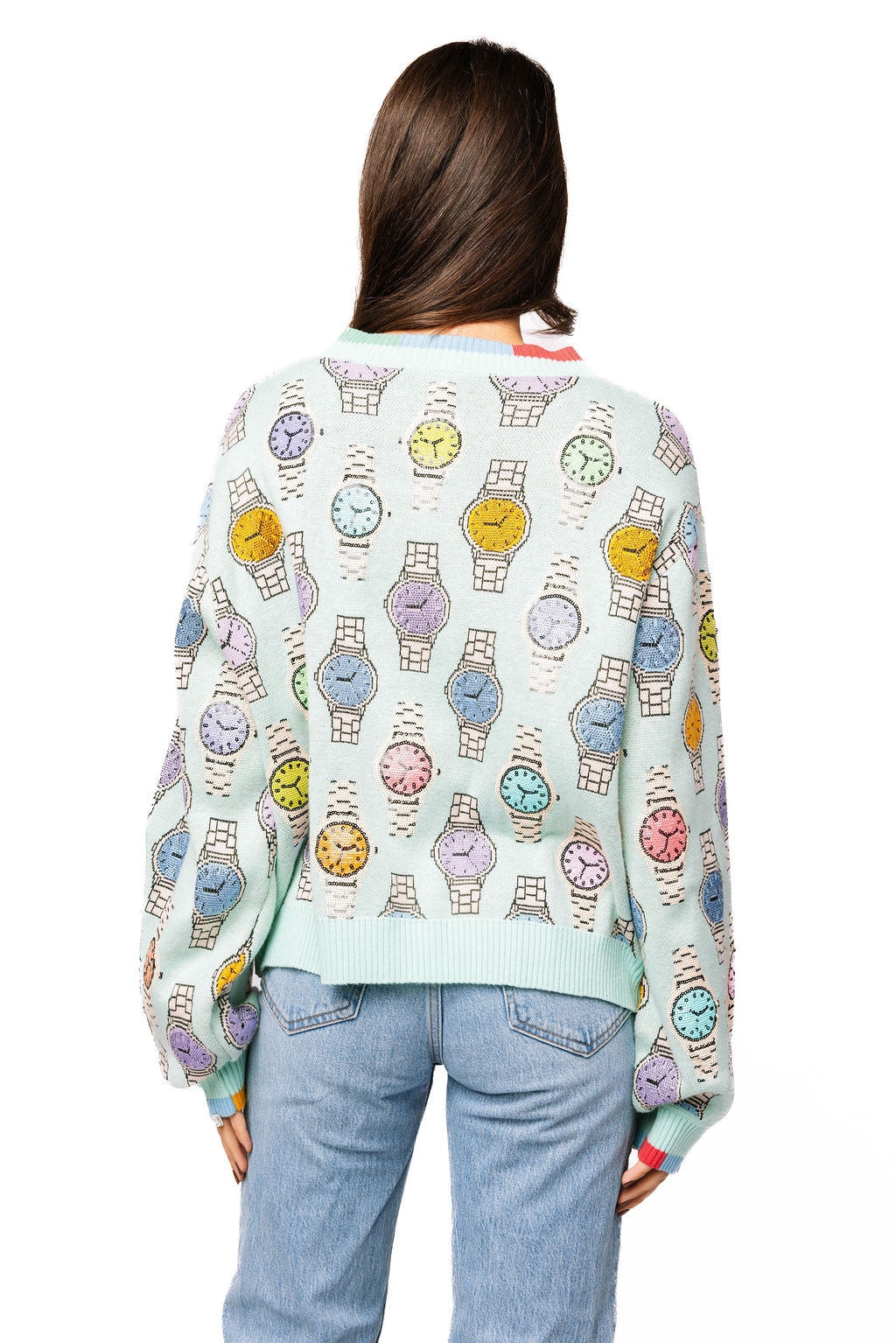 Queen of Sparkles Aqua Colorbloack Trim Multi Watch Button Up Cardigan
