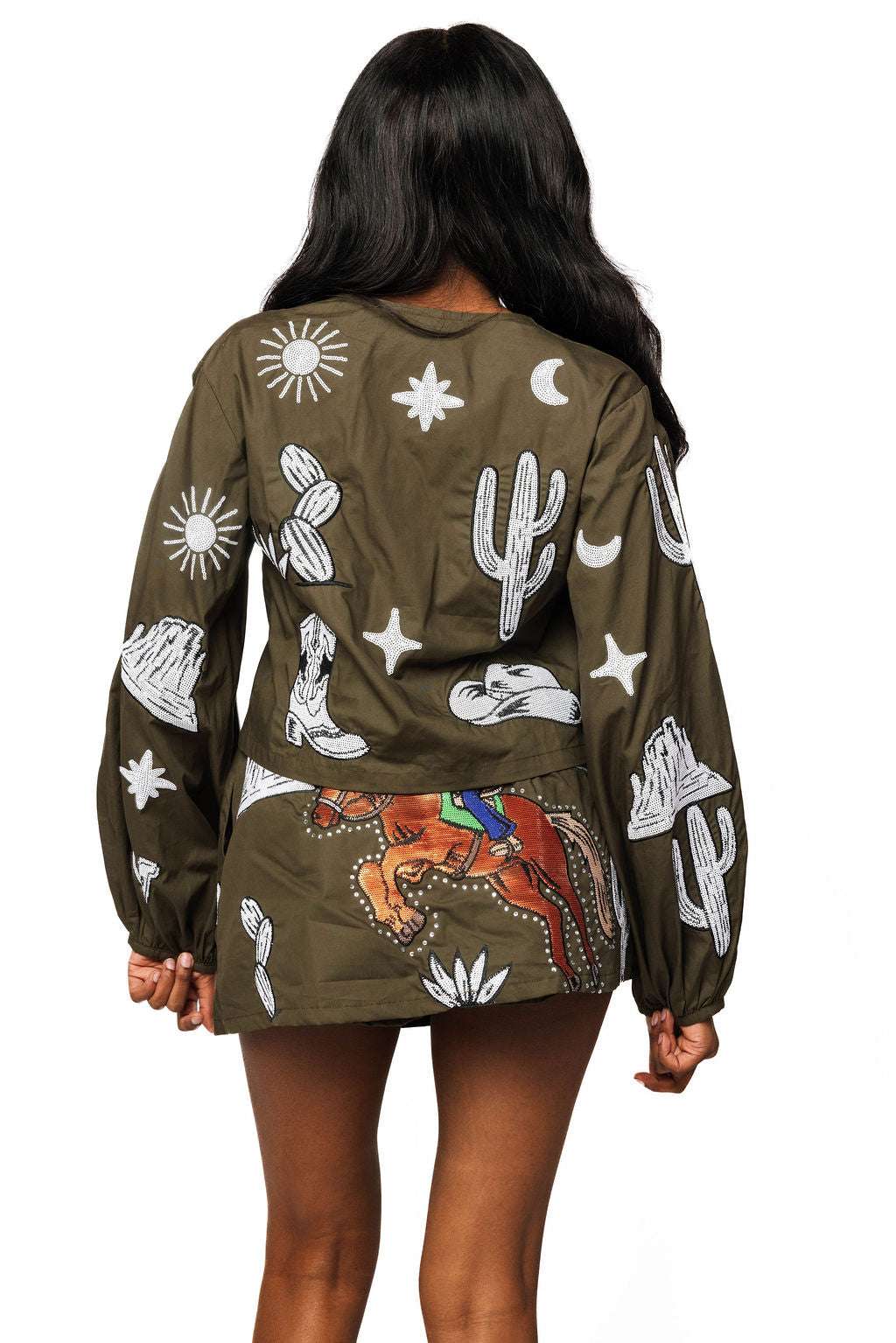 Queen of Sparkles Dark Green & Ivory Western Icon Tie Long Sleeve Top