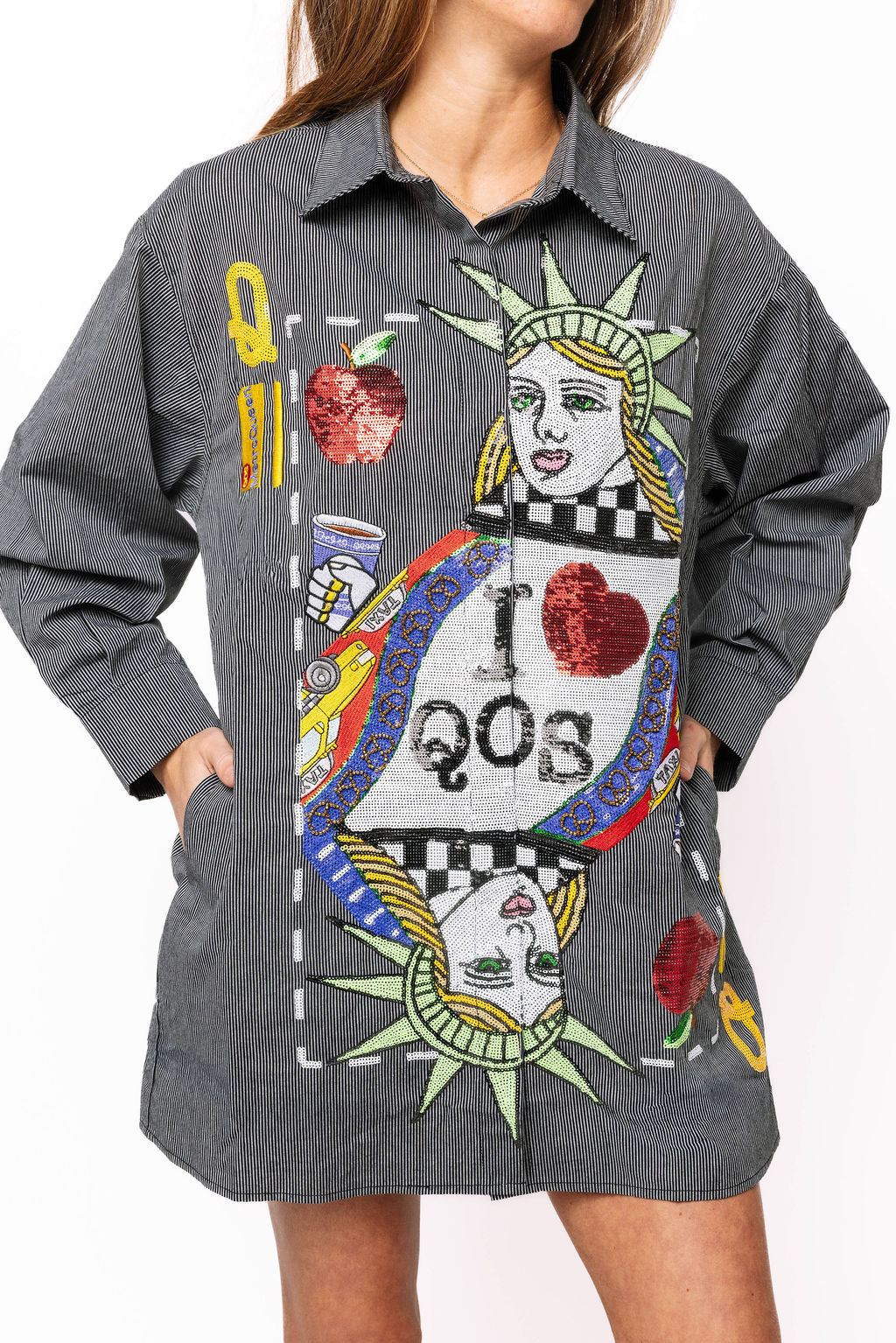 Queen of Sparkles Black Striped NYC Queen Card Logo Button Up Cotton Tunic