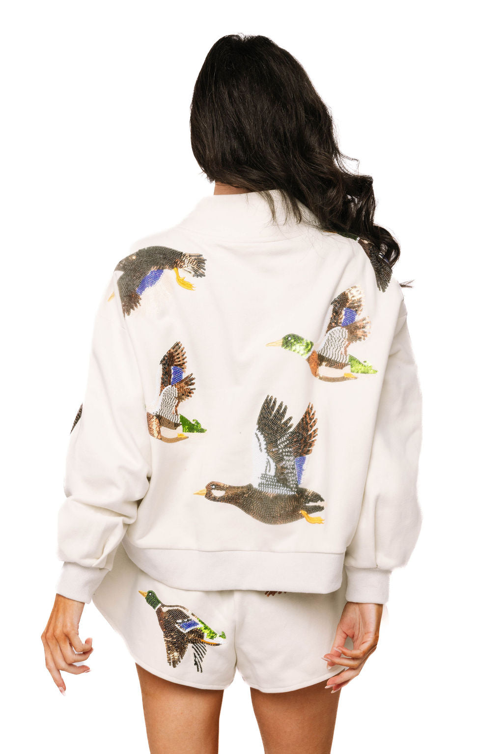 Queen of Sparkles Ivory Flying Ducks Mock Neck Sweatshirt