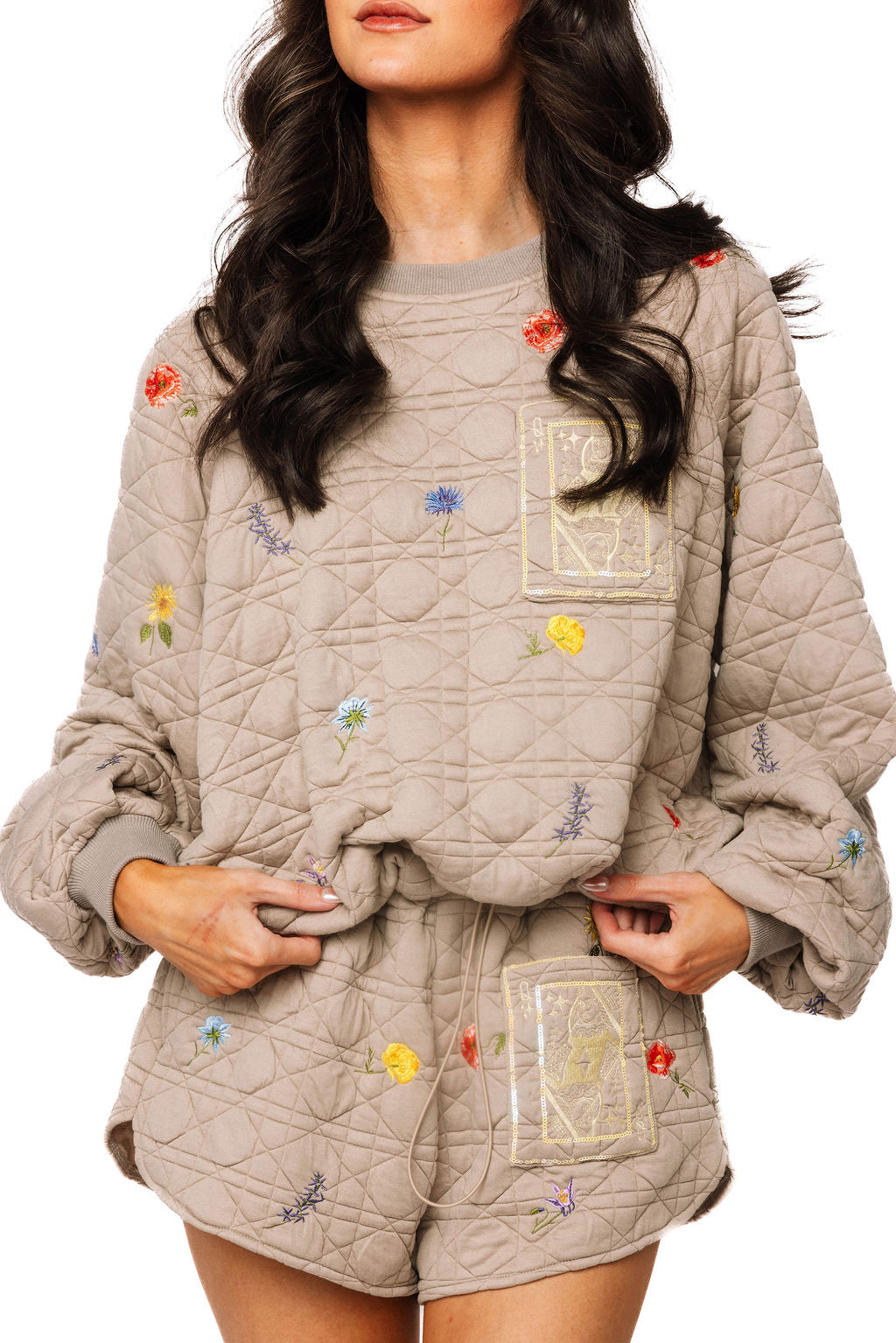 Queen of Sparkles Quilted Floral QOS Card Logo Sweatshirt