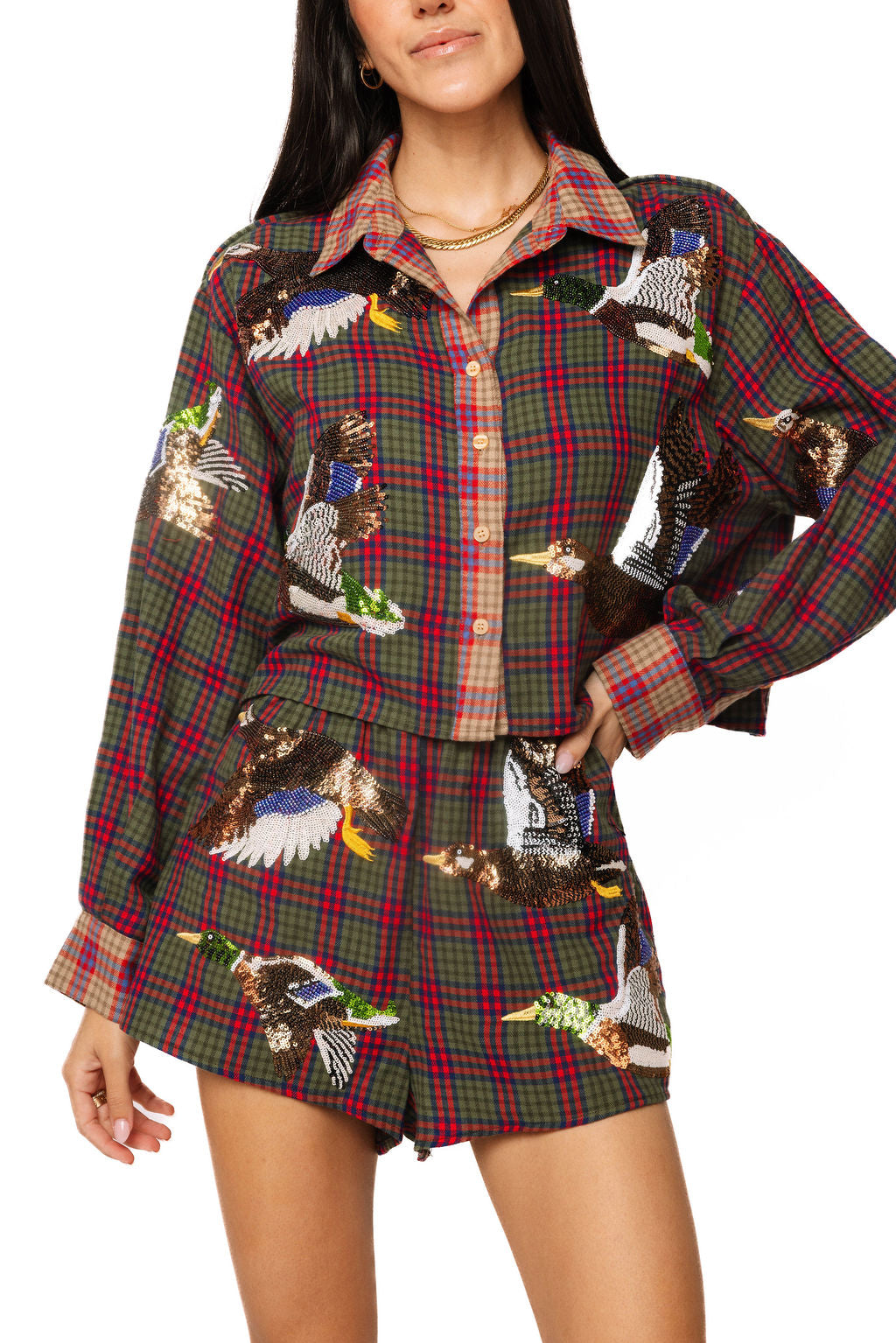 Queen of Sparkles Multi Colorblock Plaid Duck Sripe Top