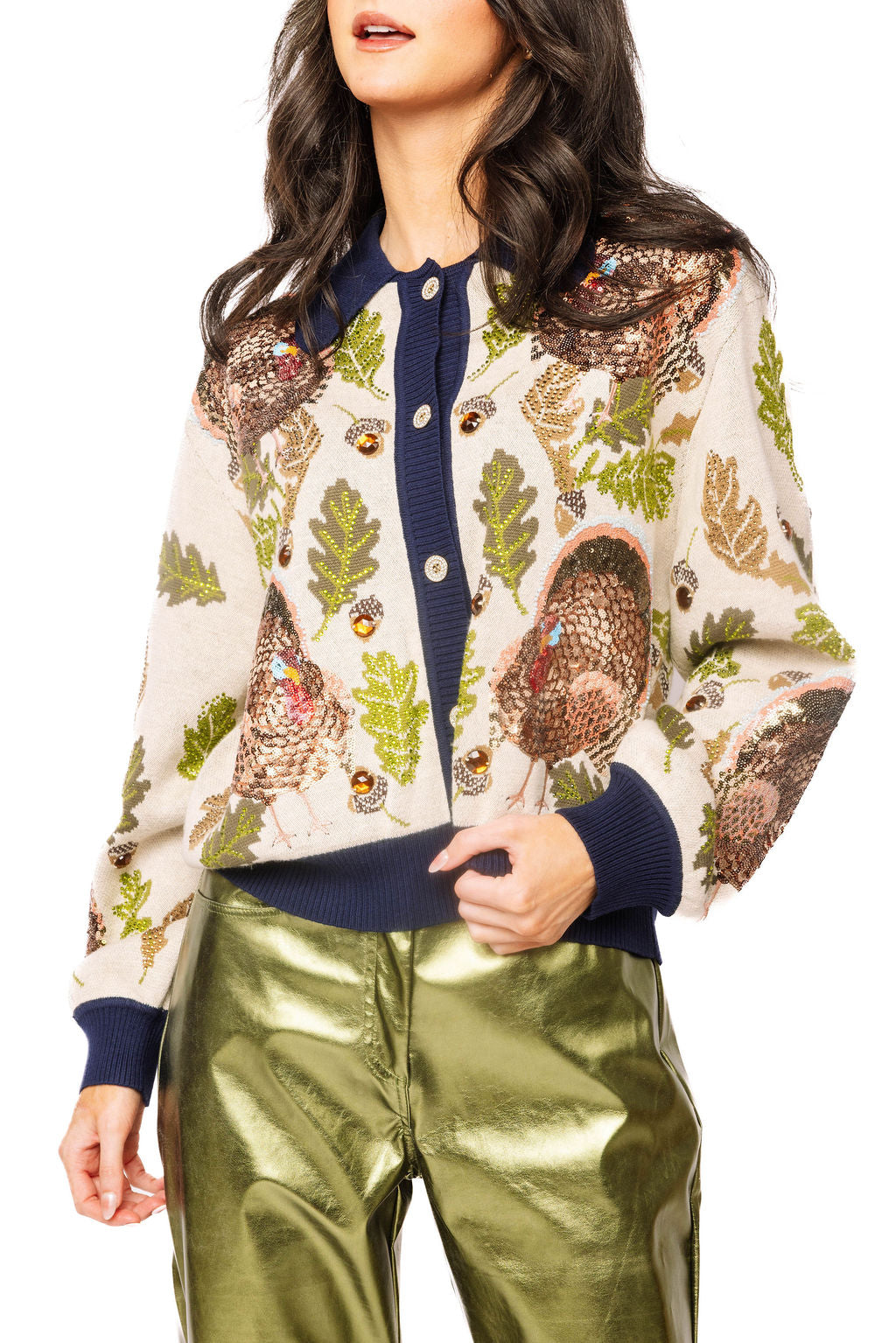 Queen of Sparkles Navy Trim Button Up Turkey, Leave & Acorn Cardigan