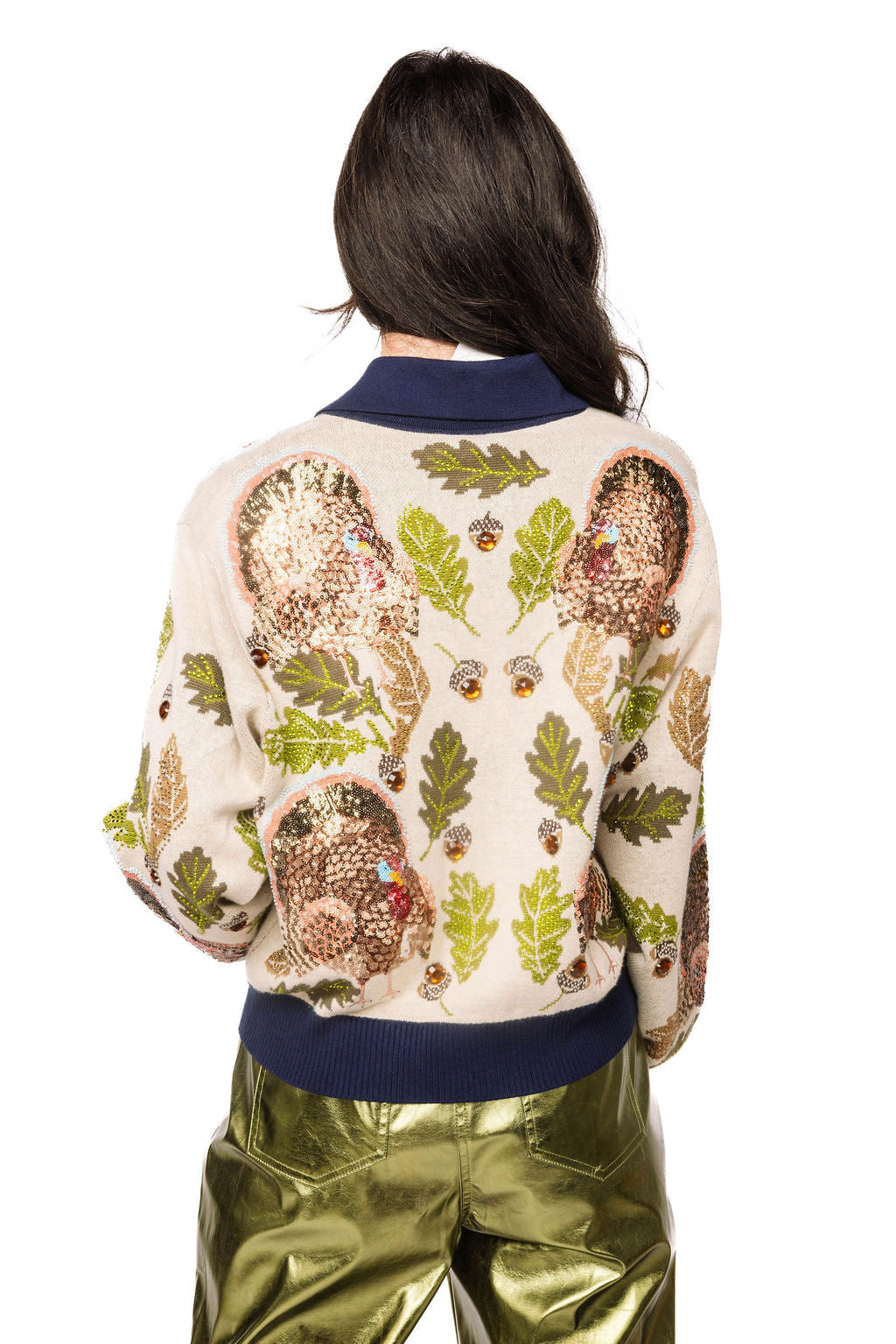 Queen of Sparkles Navy Trim Button Up Turkey, Leave & Acorn Cardigan