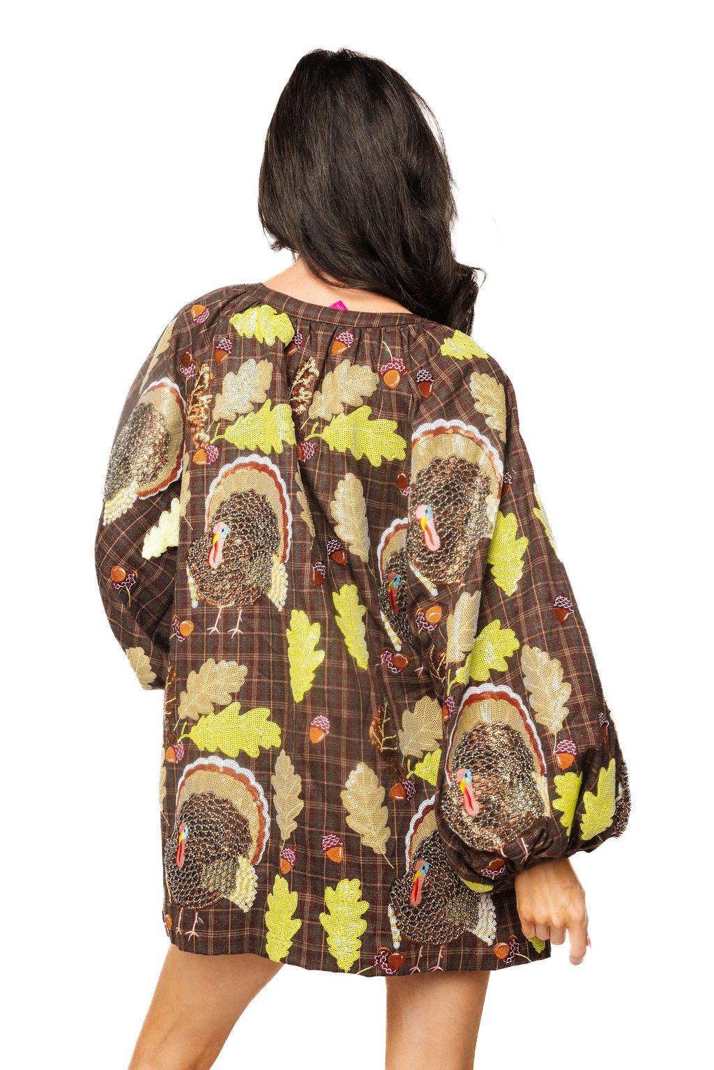 Queen of Sparkles Brown Plaid Turkey & Leaves Button Up Long Sleeve Dress