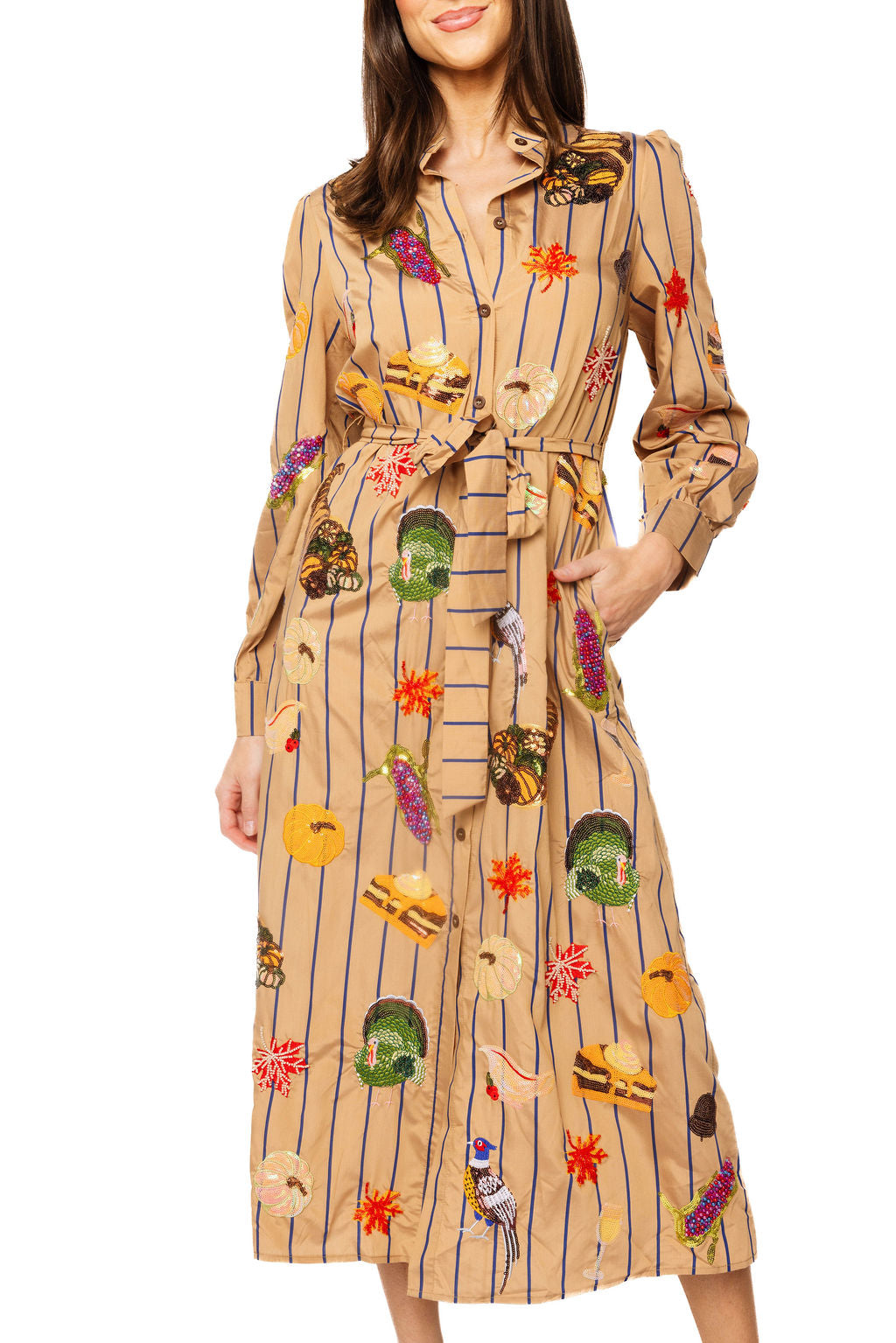 Queen of Sparkles Light Brown Striped Thanksgiving Icon Cotton Midi Tie Dress