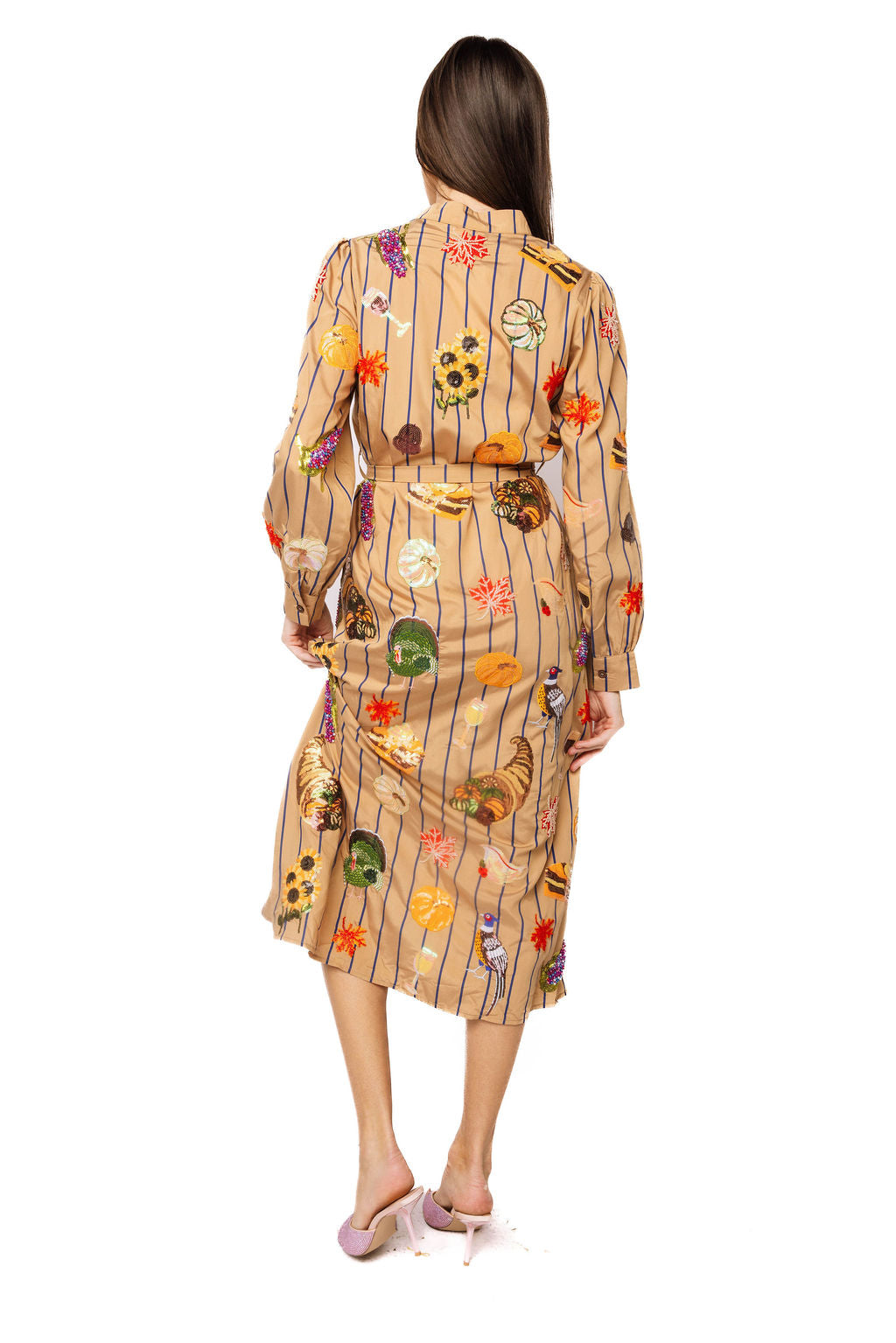 Queen of Sparkles Light Brown Striped Thanksgiving Icon Cotton Midi Tie Dress