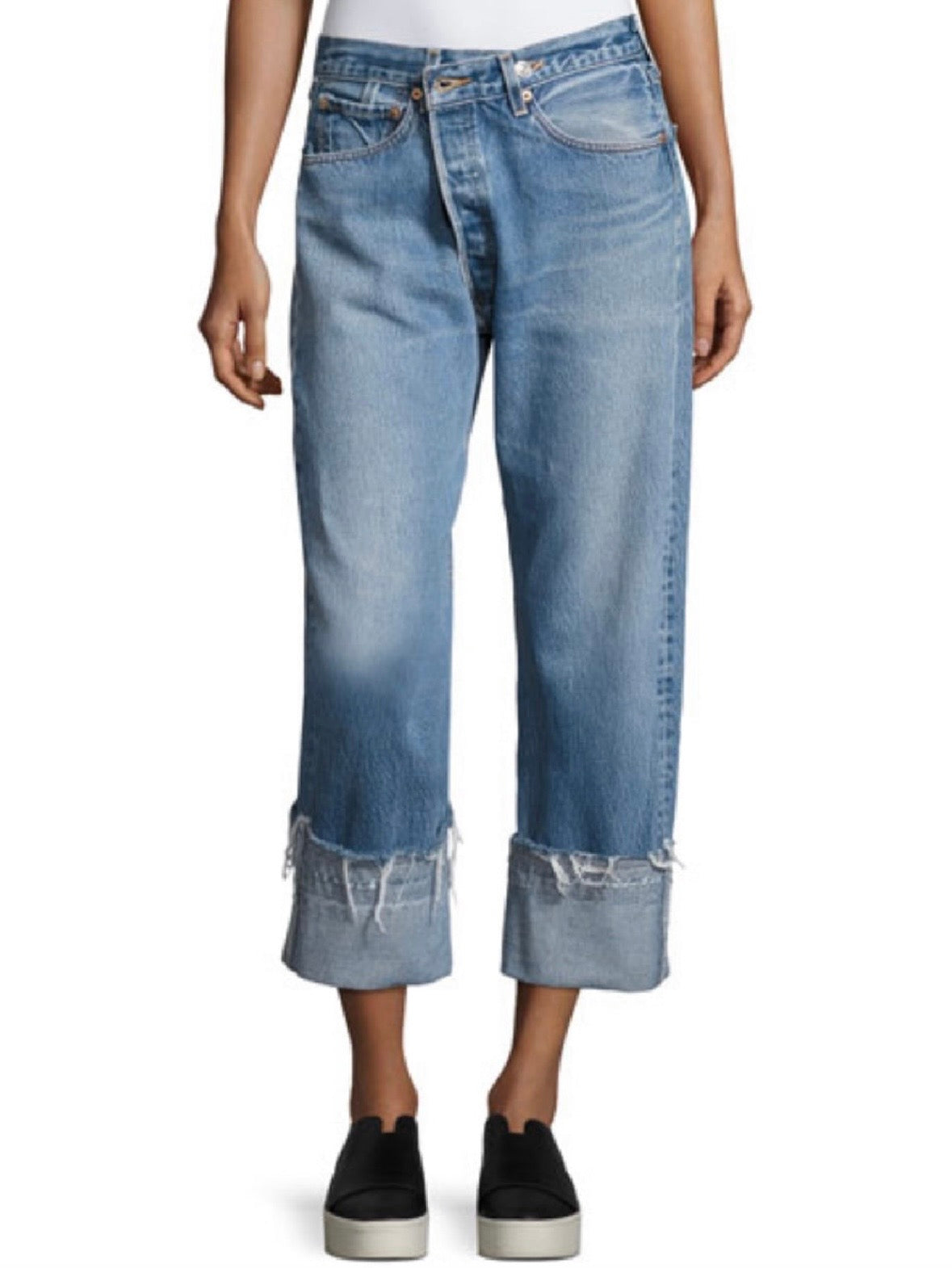 Kendall + Kylie Safety Pin straight leg jeans in blue denim, front view
