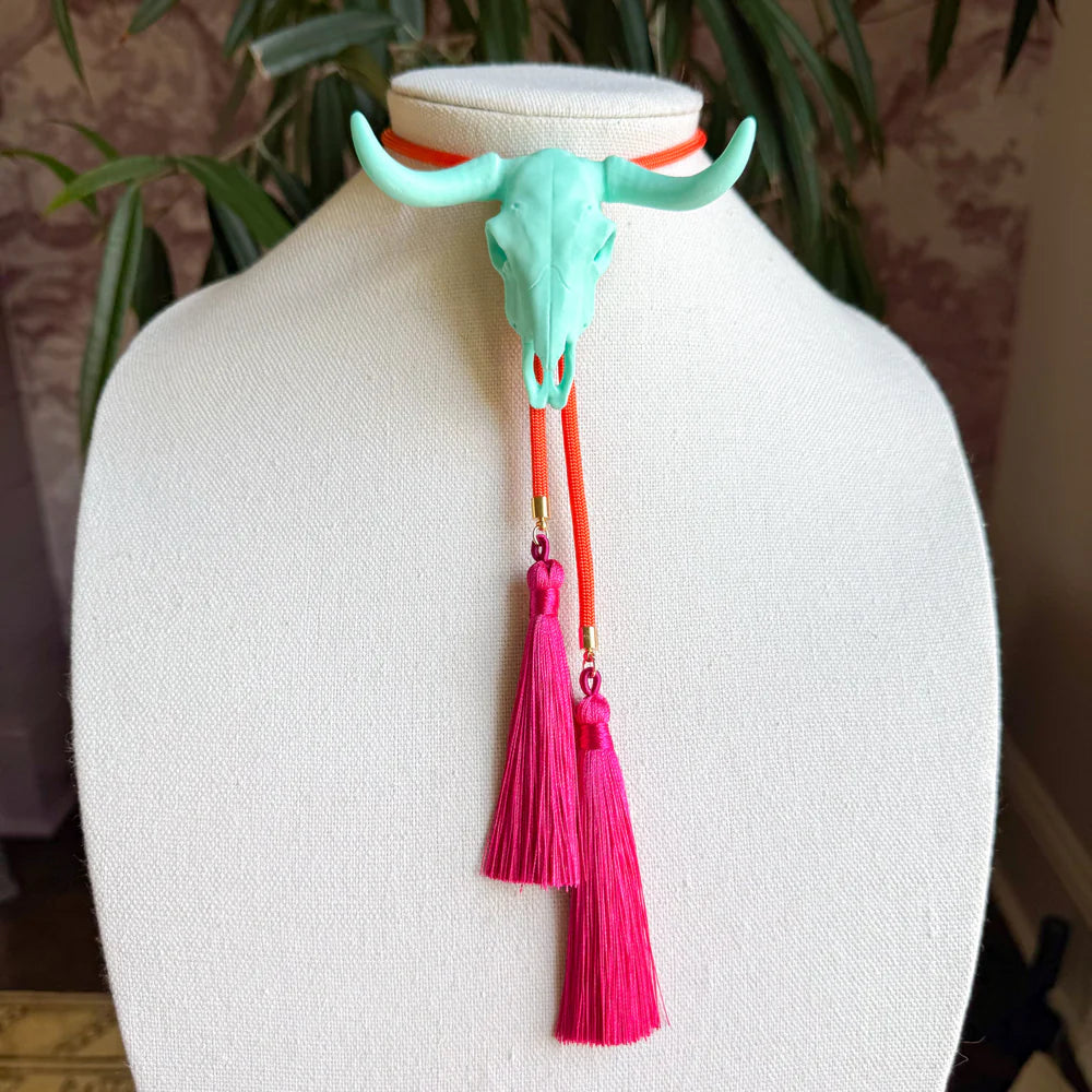 Longhorn Bolo Turquoise with Burnt Orange & Fuchsia by Rahya Jewelry Design - Leopard Grove product image 01