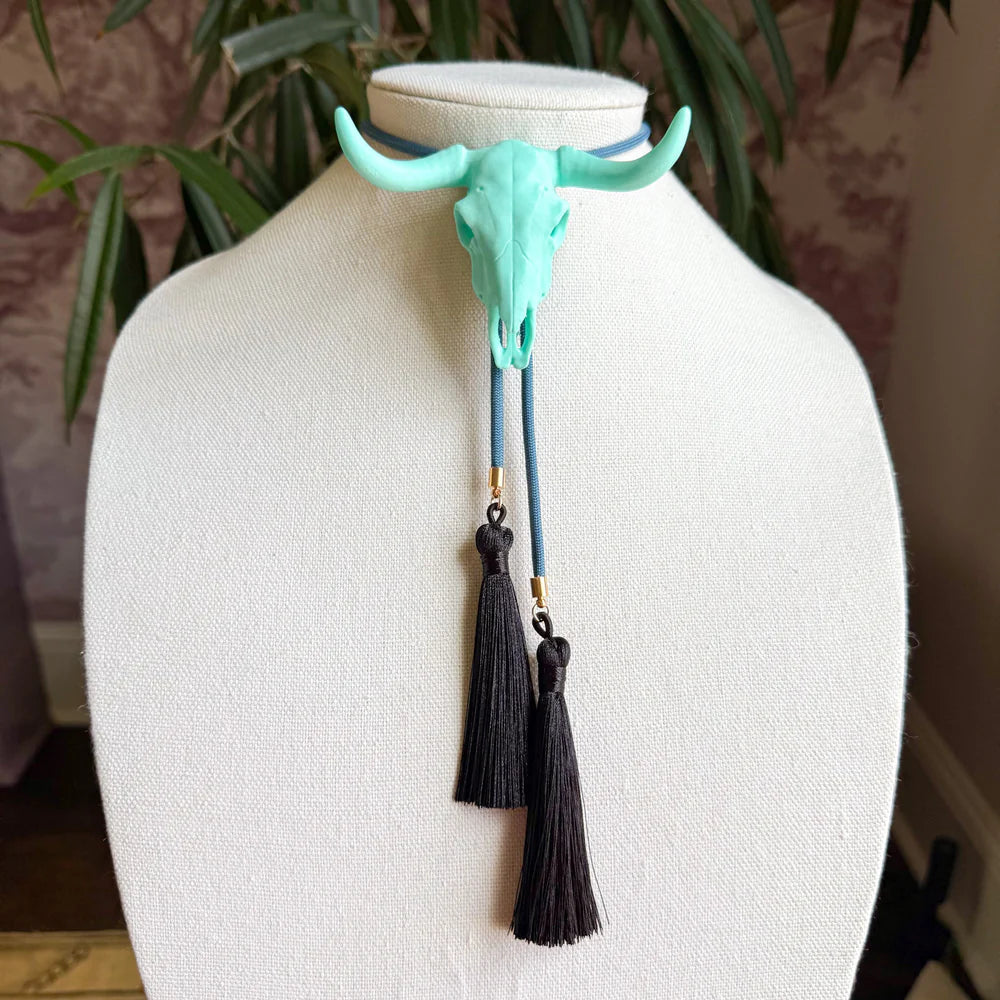 Longhorn Bolo Turquoise with Storm Blue & Black by Rahya Jewelry Design - Leopard Grove product image 01