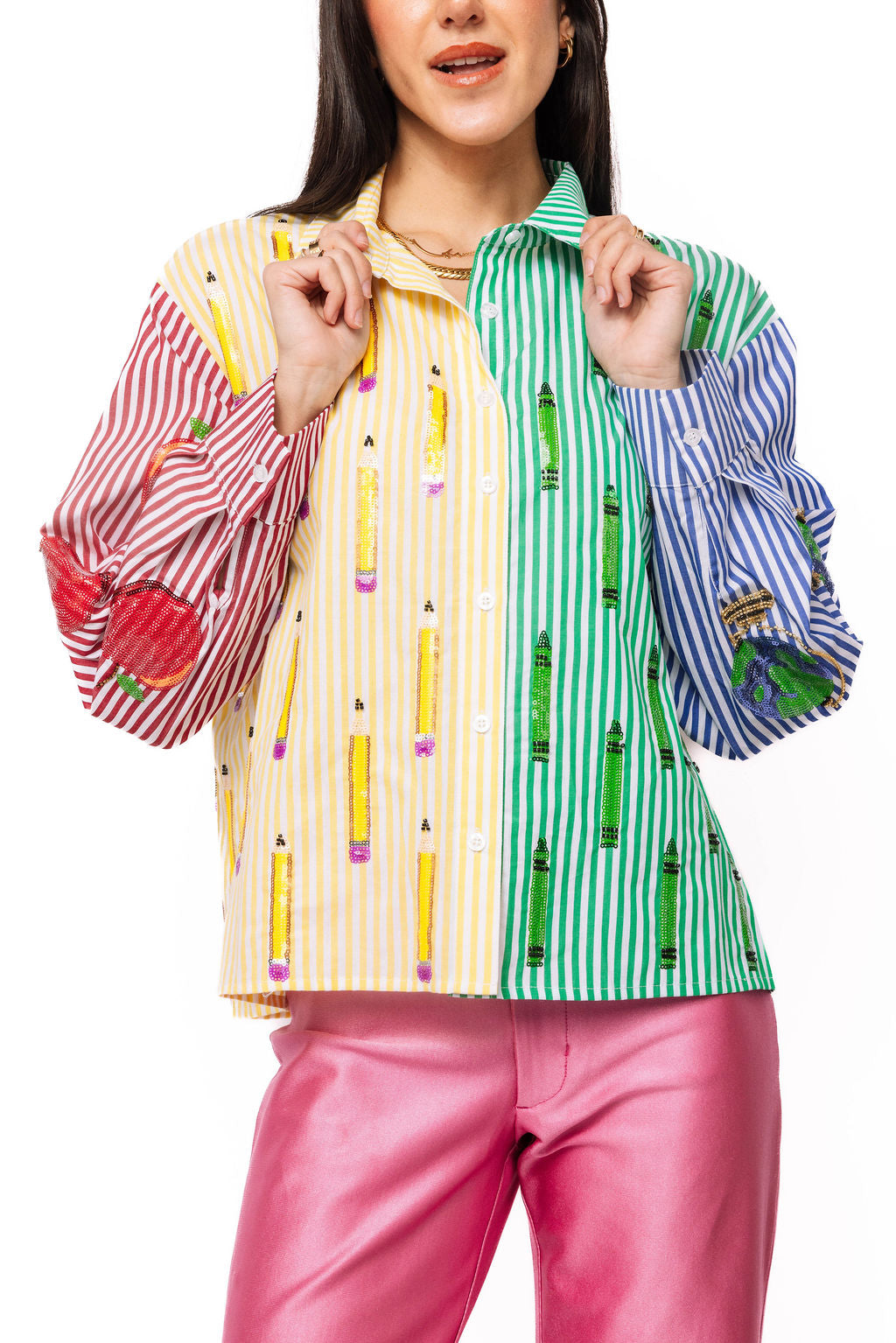 Queen of Sparkles Colorblock Stripe Teacher Icon Button Up