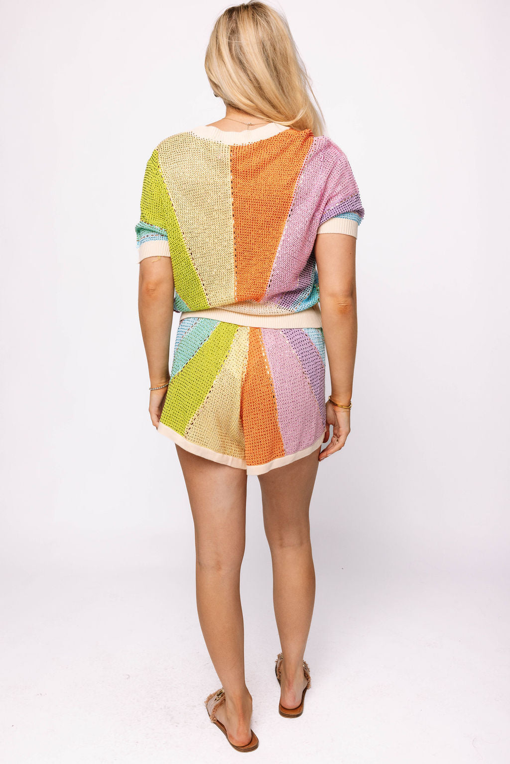 Queen of Sparkles Muted Rainbow Rhinestone Sunshine Short Sleeve Sweater