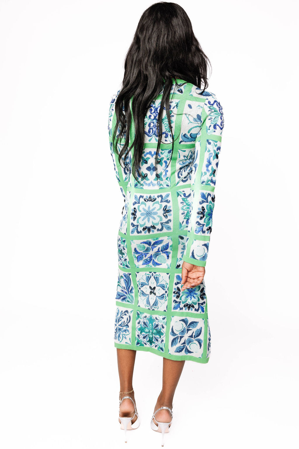 Queen of Sparkles Green & Blue Italian Tile Knit Midi Dress