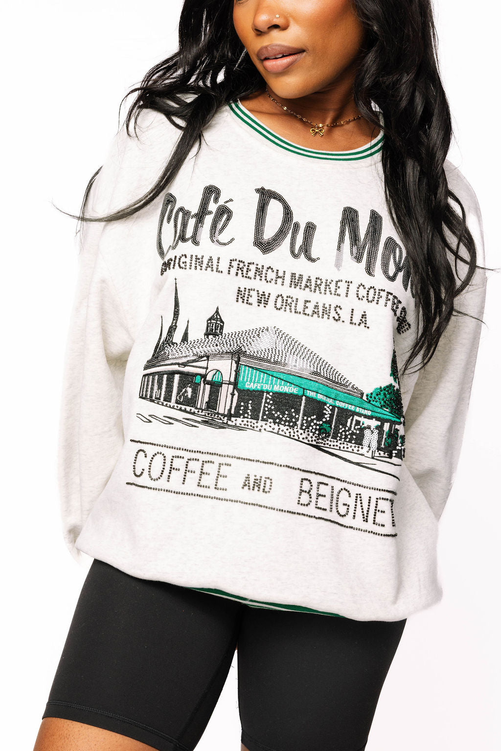 Queen of Sparkles Grey Sport Stripe 'Cafe Du Monde' Sweatshirt