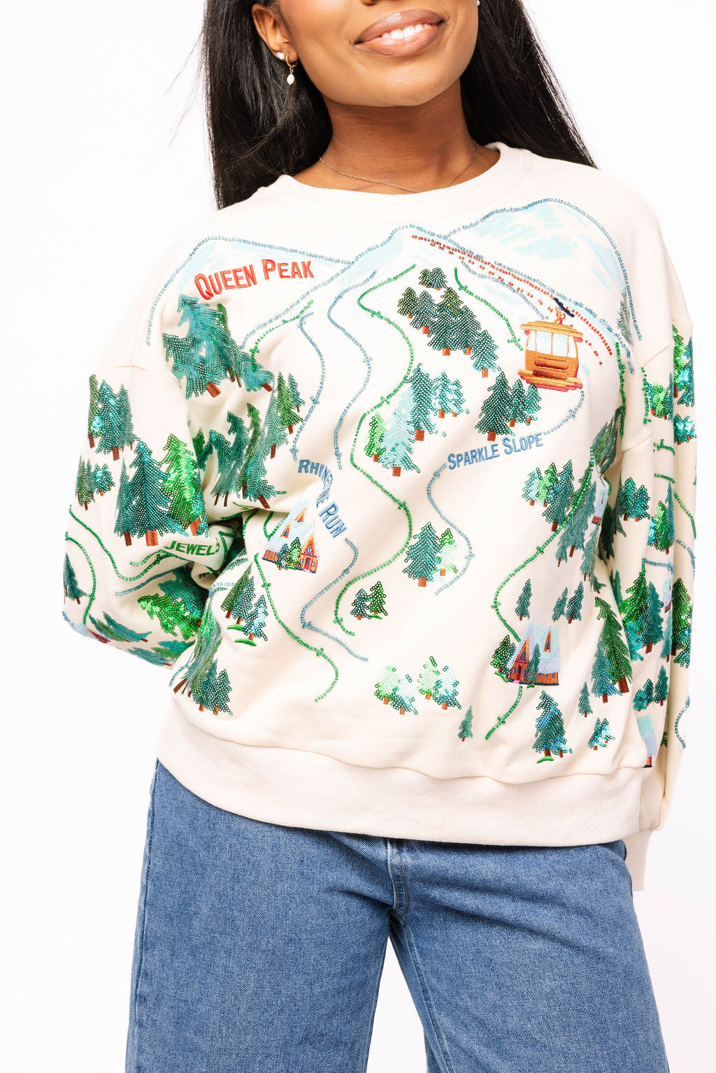 Queen of Sparkles Beige 'Sparkle Slope' Ski Scenery Sweatshirt