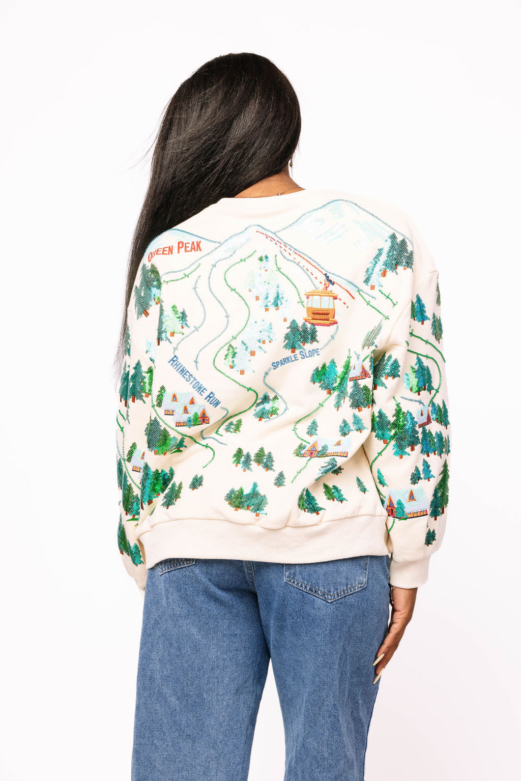 Queen of Sparkles Beige 'Sparkle Slope' Ski Scenery Sweatshirt