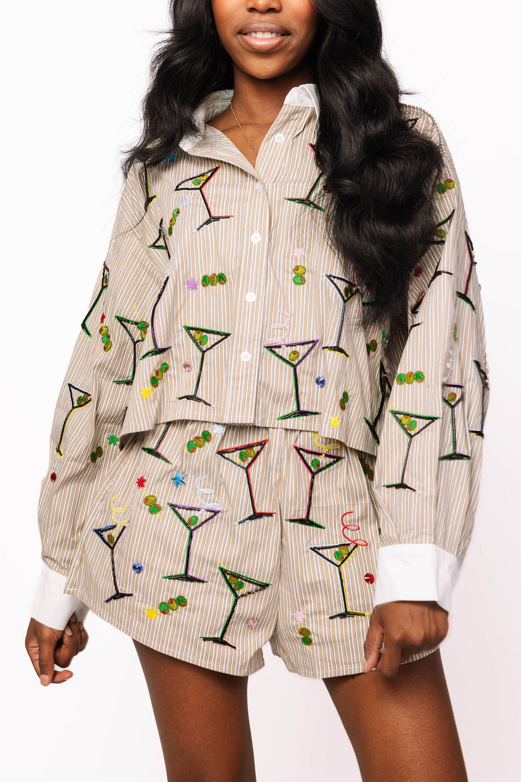 Queen of Sparkles Stripe Rainbow Martini Button Up Top