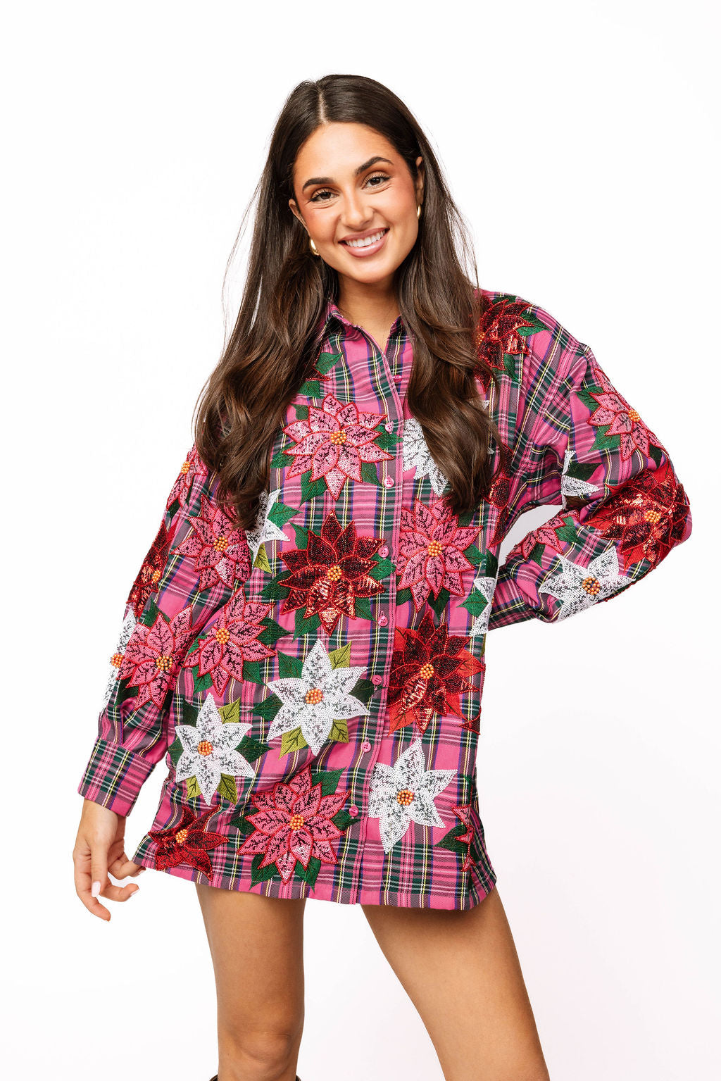 Queen of Sparkles  Plaid Poinsettia Button Up Long Sleeve Dress