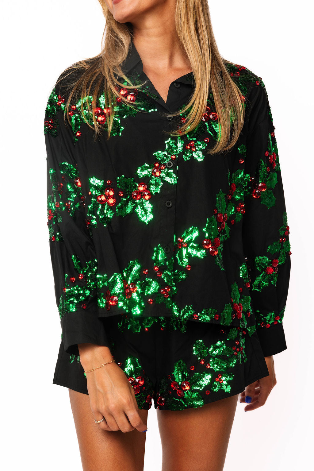 Queen of Sparkles Black, Green, & Red Holly Cotton Button Up Top — front view.