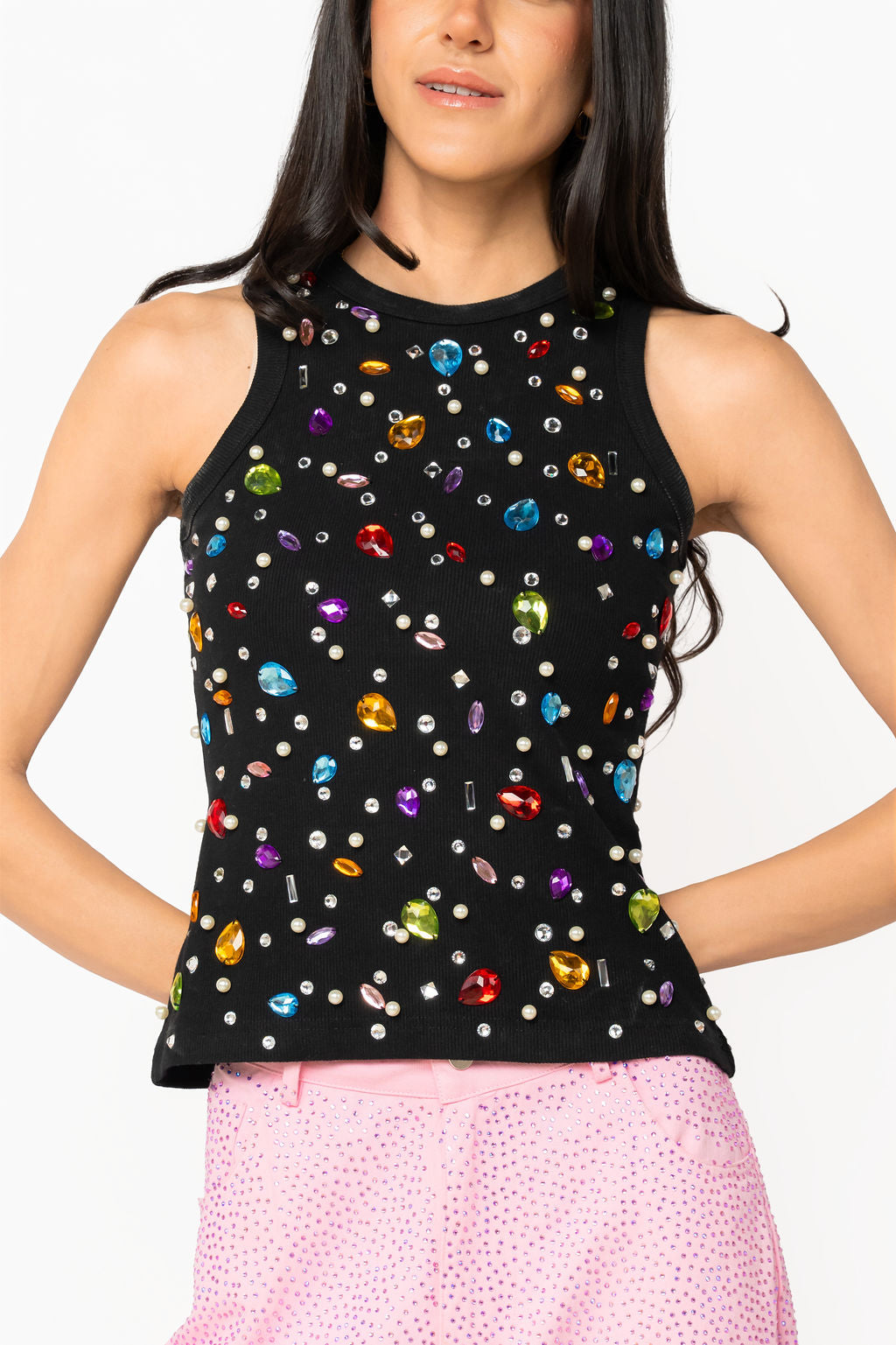 Queen of Sparkles black tank top with multicolor jewels and pearl embellishments