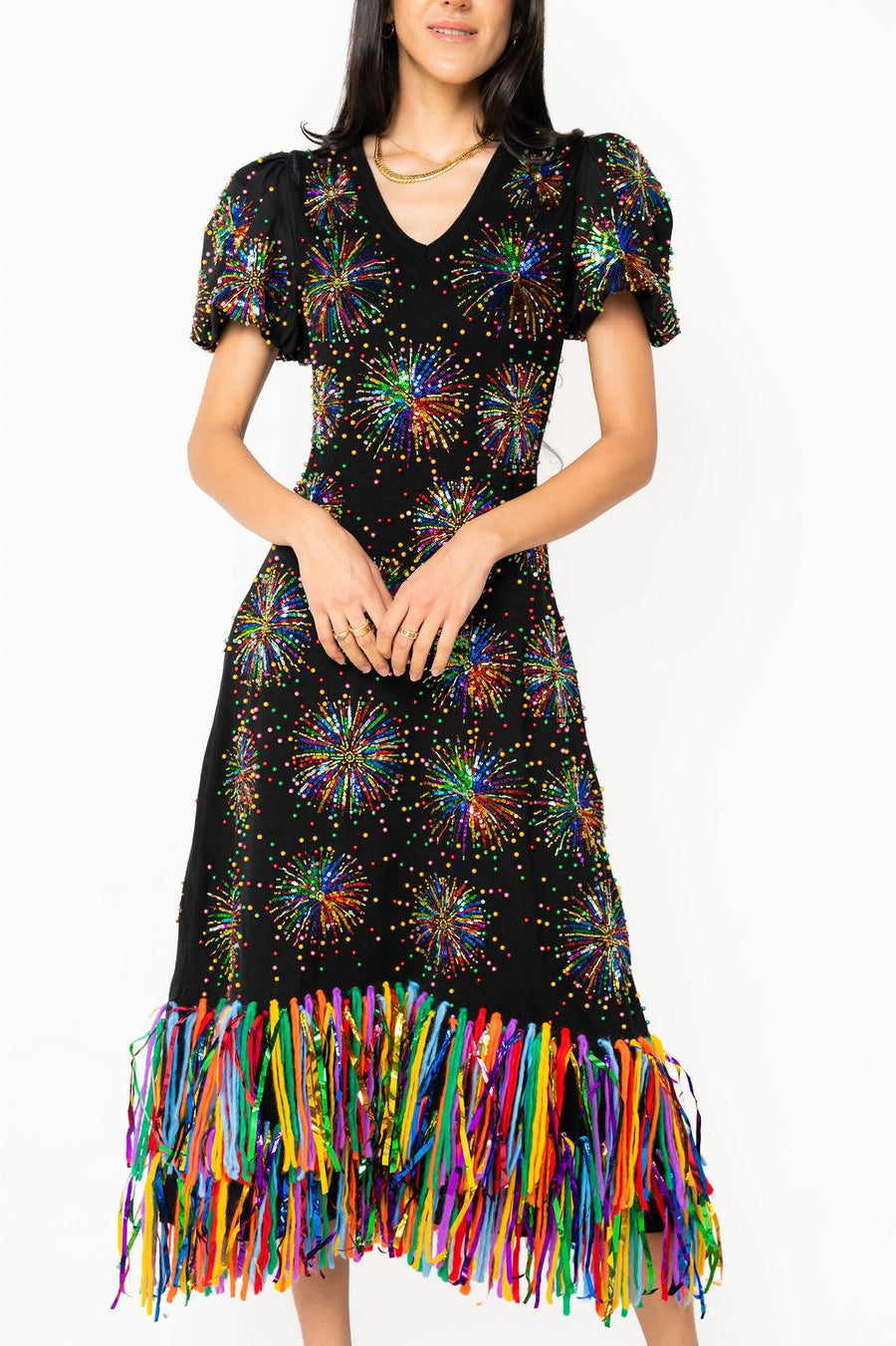 Queen of Sparkles Black Multi Fireworks Knit Midi Dress