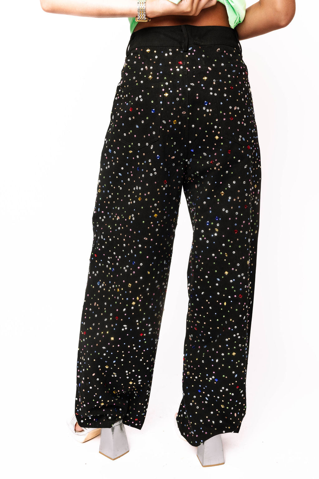 Queen of Sparkles Black Multi Rhinestone Jeans — back view.