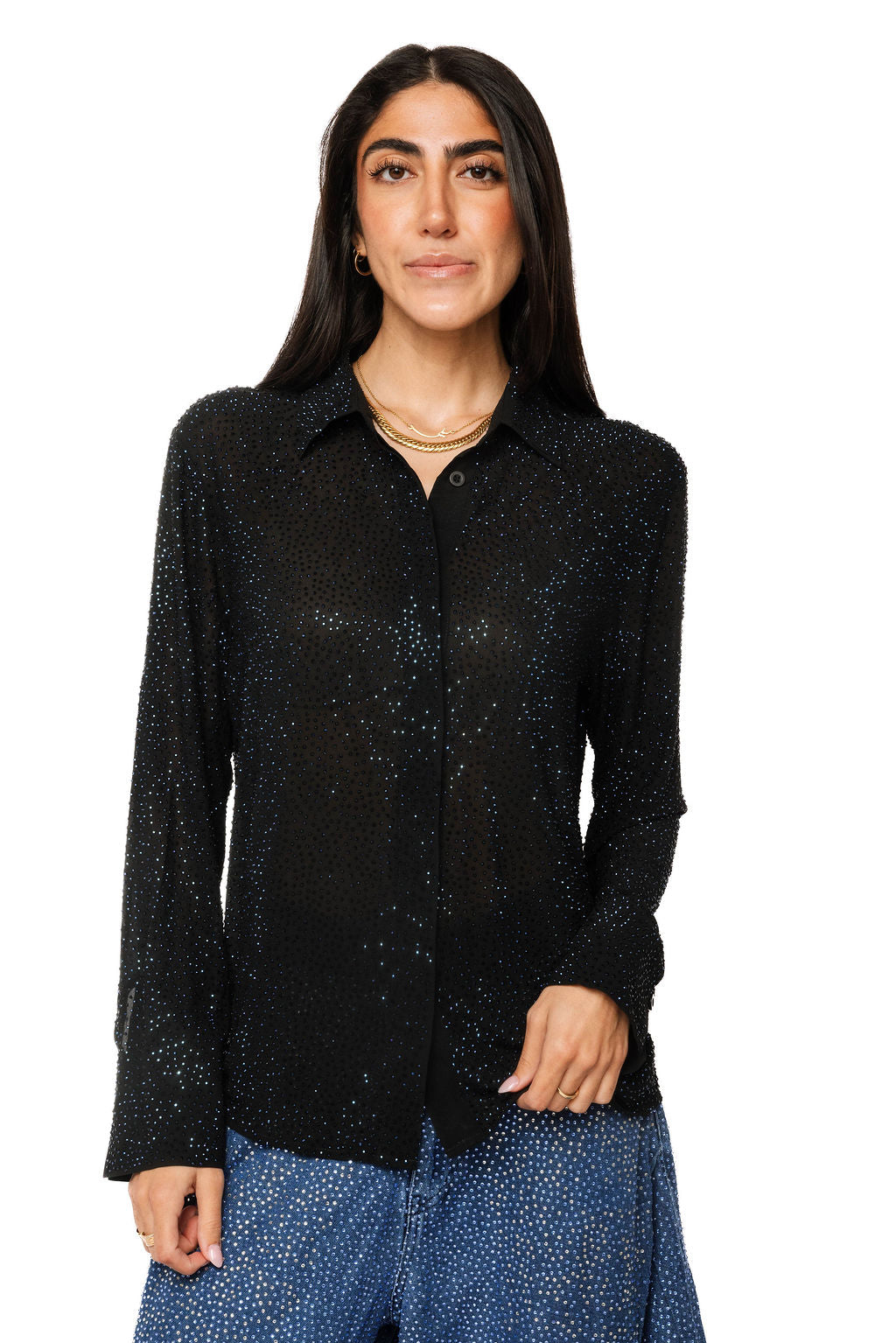 Queen of Sparkles Black Rhinestone Button Up Top - Leopard Grove product image 02