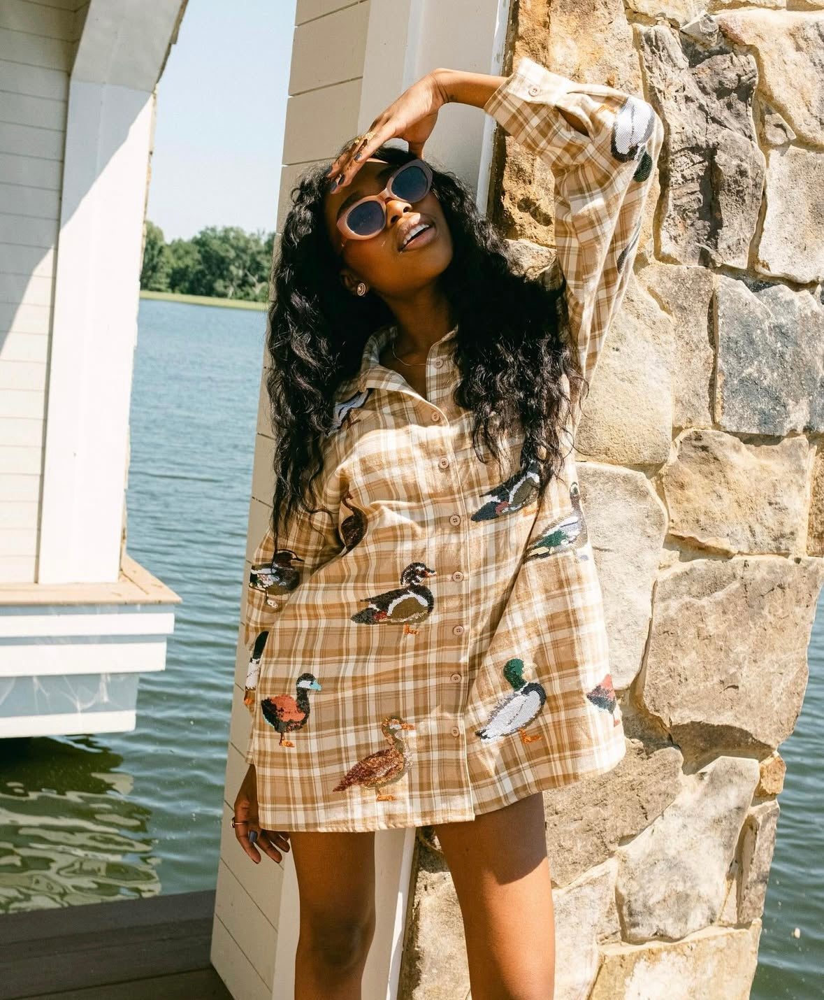 Queen of Sparkles brown plaid duck button up dress product image.